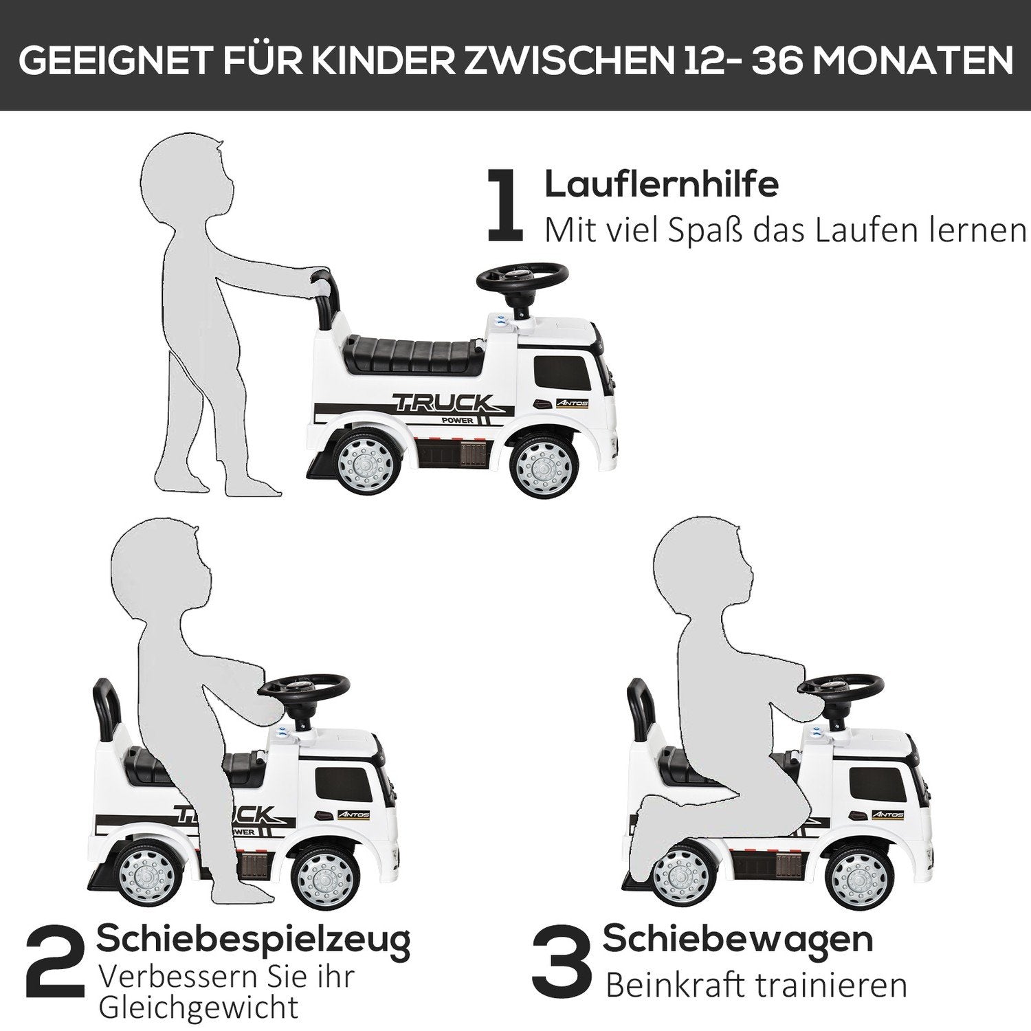 Åkande Barnbil Mercedes Antos Lastbil Stil, Med Ljus, För 12-36 Månader, Vit+Svart