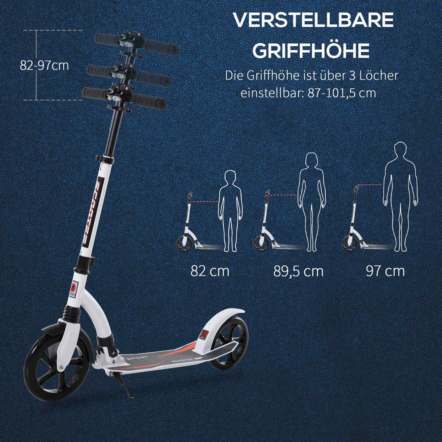 Barnskoter, Sparkcykel Med Stötdämpning, Sparkscooter, Hopfällbar Och Höj- Och Sänkbar, Från 14 År, Aluminium, Vit, 92,5 X 37,5 X 87-101,5 Cm