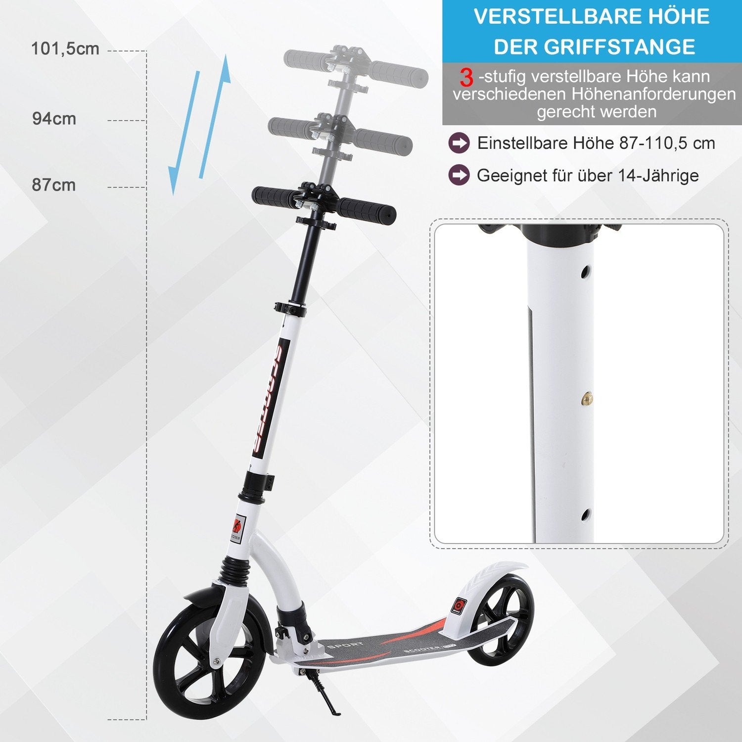 Barnskoter, Sparkcykel Med Stötdämpning, Sparkscooter, Hopfällbar Och Höj- Och Sänkbar, Från 14 År, Aluminium, Vit, 92,5 X 37,5 X 87-101,5 Cm