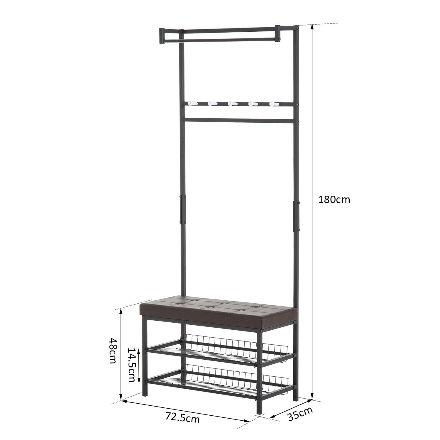 Klädhängare Med Bänk, Klädhängare & Skohylla, Metall, 2 Skohyllor, Sits, 72,5X35X180Cm