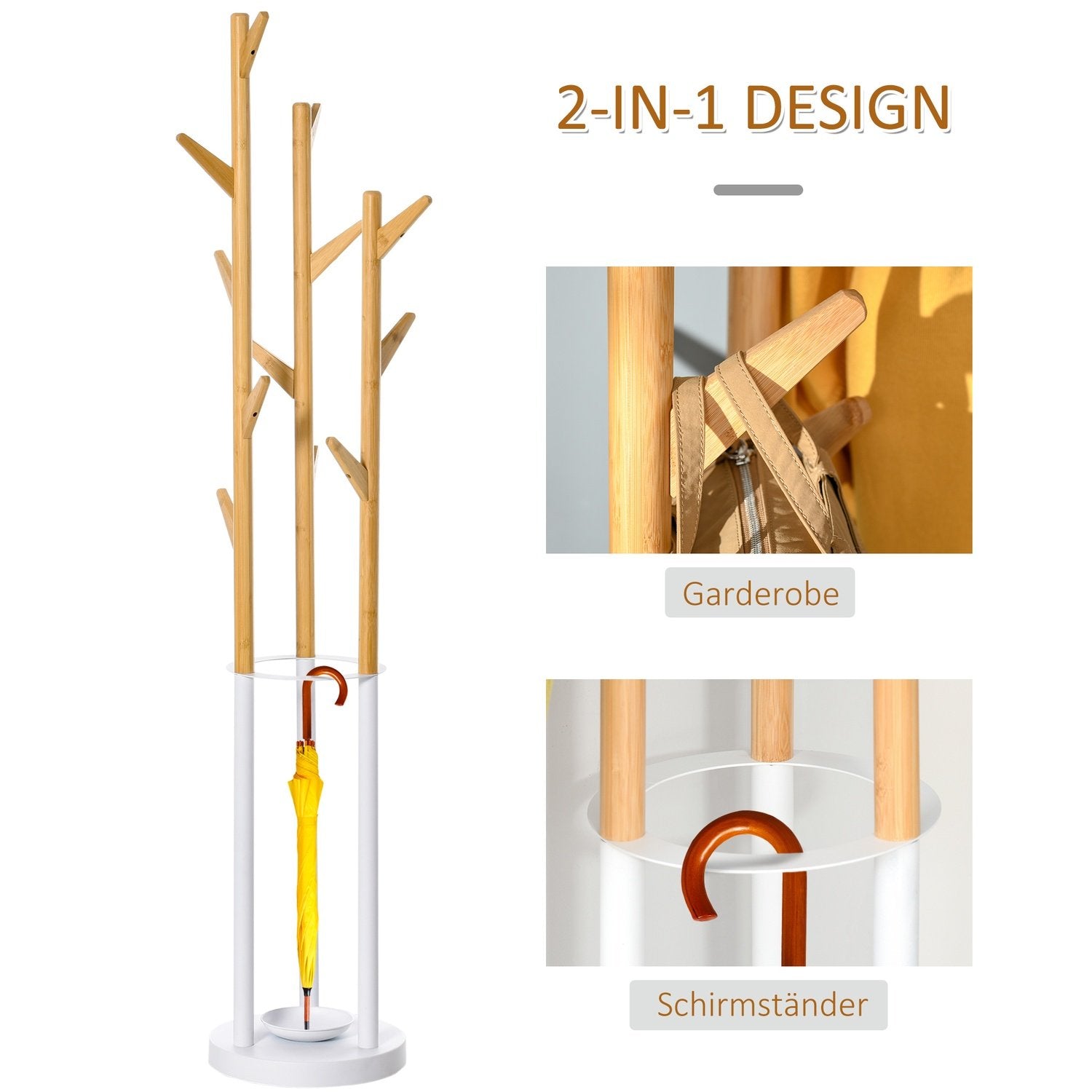 Klädstativ Med 13 Krokar, Modernt Paraplyställ, Metallbambu, Natur + Vit