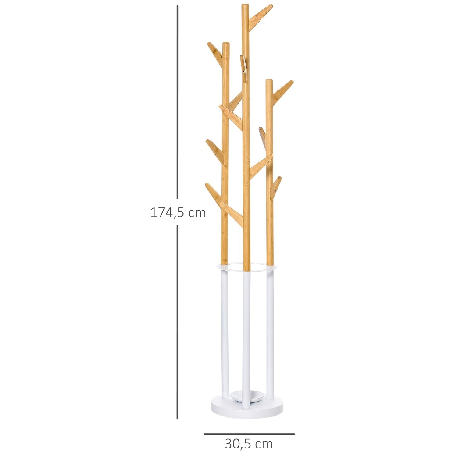 Klädstativ Med 13 Krokar, Modernt Paraplyställ, Metallbambu, Natur + Vit