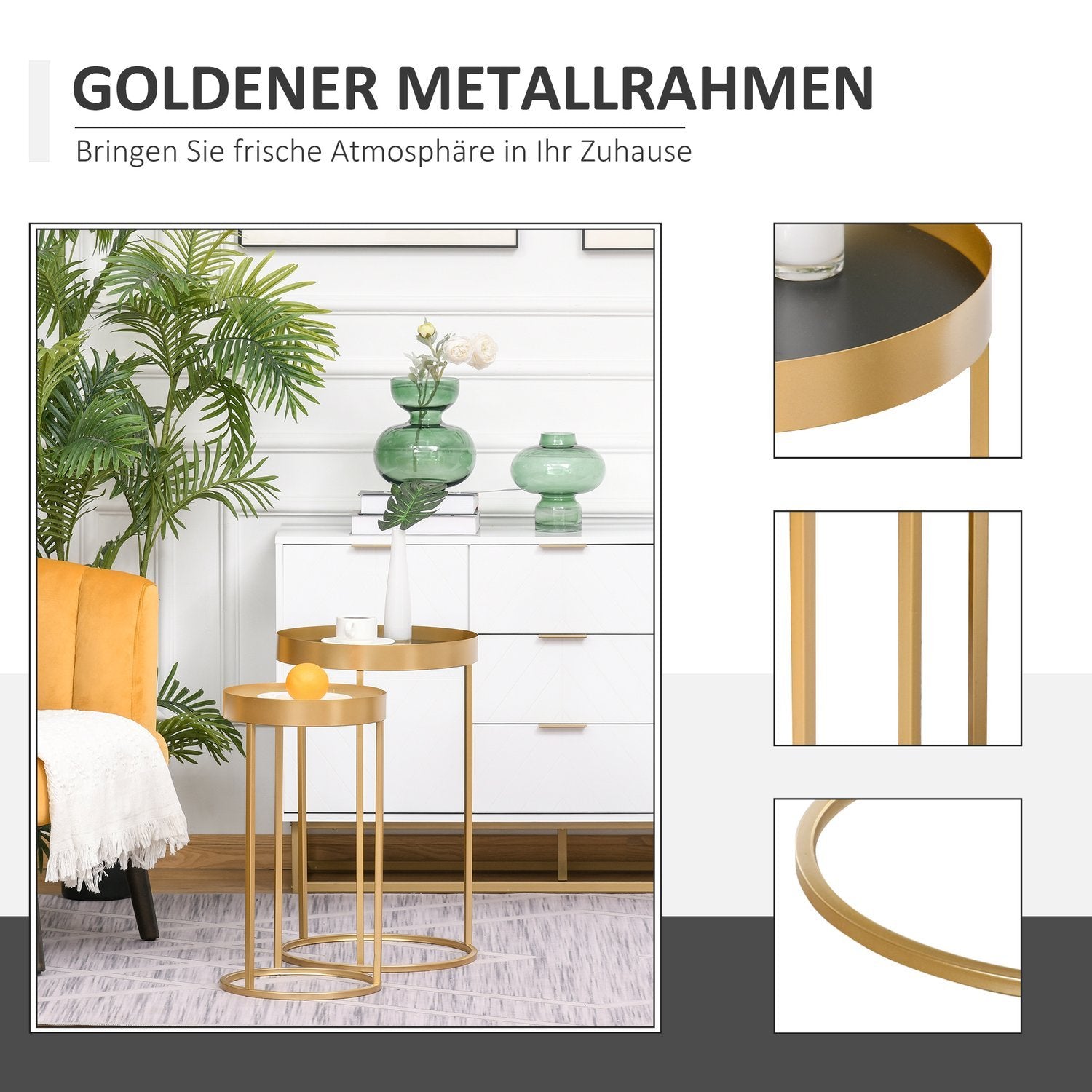 Soffbordsset Med 2 Sidobord Med Upphöjd Kant, Rund, Retrodesign, Mdf Metall, Guld