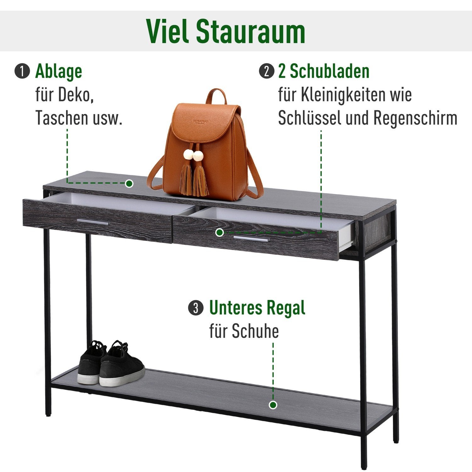 Konsolbord, Entrébord, Sidobord, 2 Lådor, Undre Hylla, Stål, Grå, 120 X 30 X 81,5 Cm