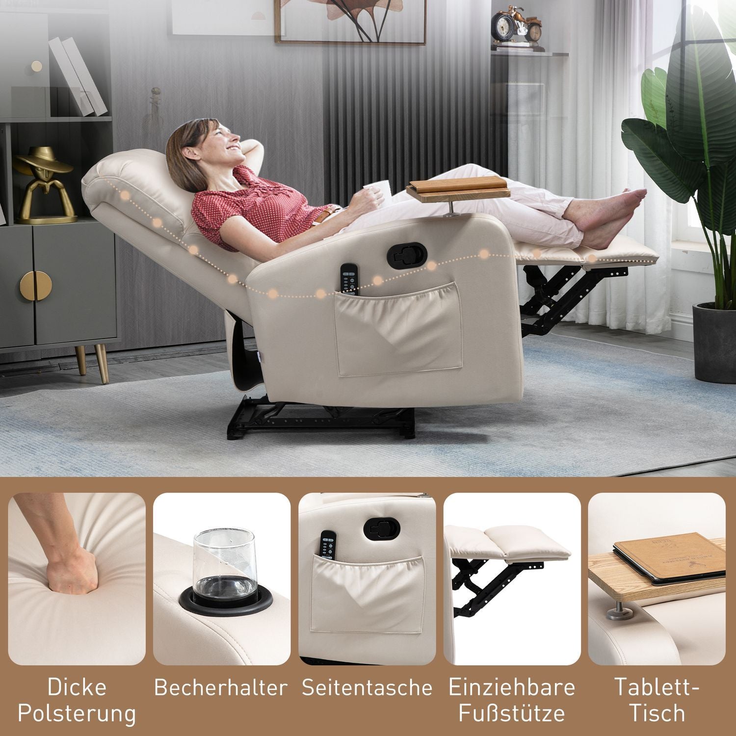 Elektrisk Massagestol, Relaxstol Med Massagefunktion, Tv-Stol Med Liggfunktion, Vilstol, Mikrofiber, Ljusgrå