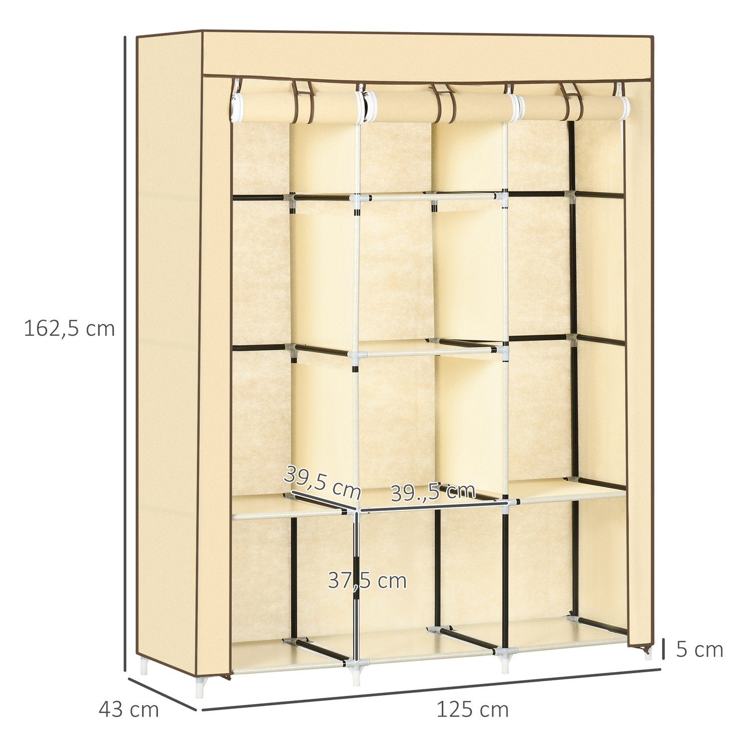 Tyggarderob Garderob Med Klädstång, 8 Våningar, Vikskåp, Fibertyg, Beige, 125X43X162,5Cm