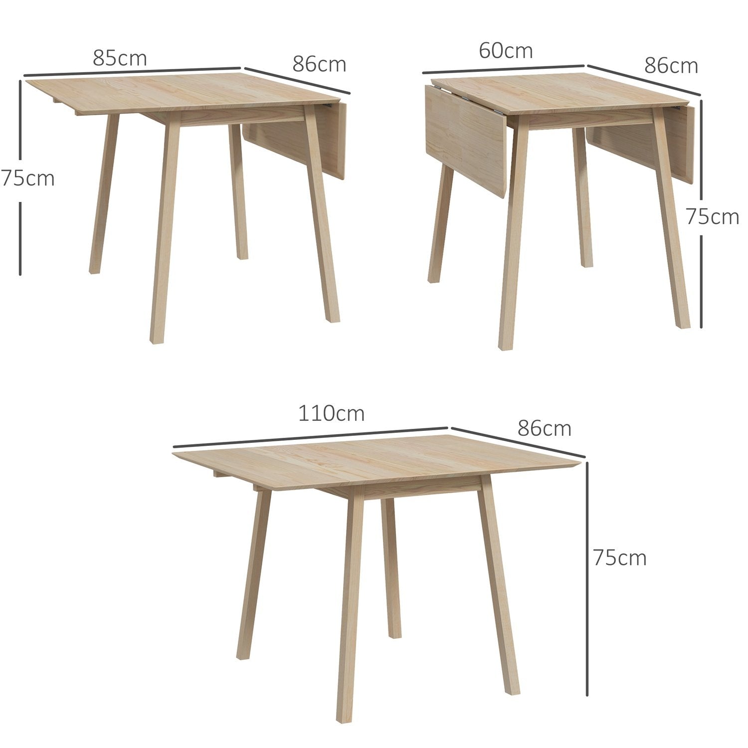 Hopfällbart Matbord, Köksbord För 2-4 Personer, Hopfällbart Bord, Matsalsbord Av Trä, För Små Rum, 110 X 86 X 75 Cm, Natur