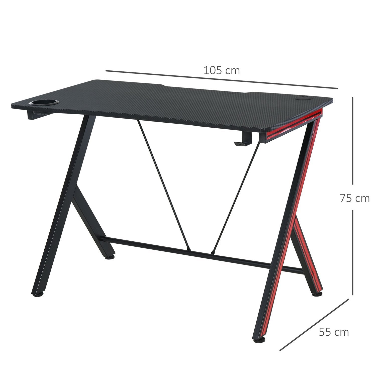 Spelbordsbord Med Hörlurskrok Och Mugghållare, Stål + Mdf, Svart, 105X55X75Cm