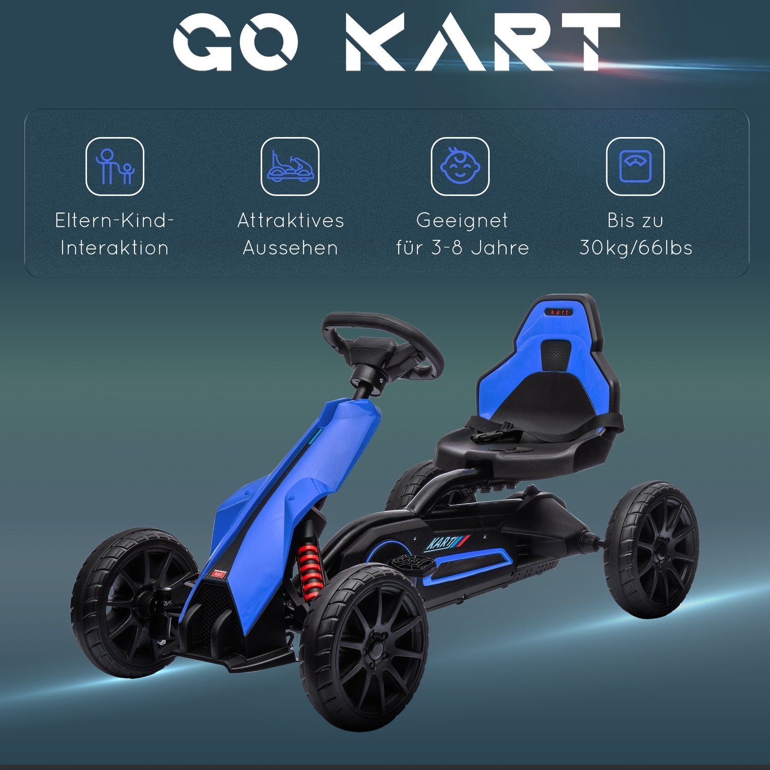 Gokart, Barnfordon Med Justerbart Säte, Trampbil, Trampbil Med Handbroms, Kettcar För Barn 3-8 År, Blå