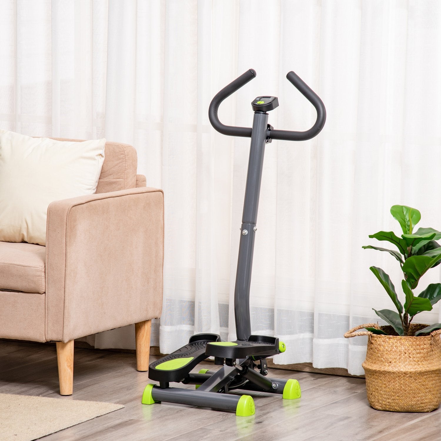 Hometrainer Stepper Fitness Swing Stepper Med Lcd-Skärm Och Handtag Upp Till 100 Kg Stål Abs Grå + Grön 55 X 44 X 108 Cm