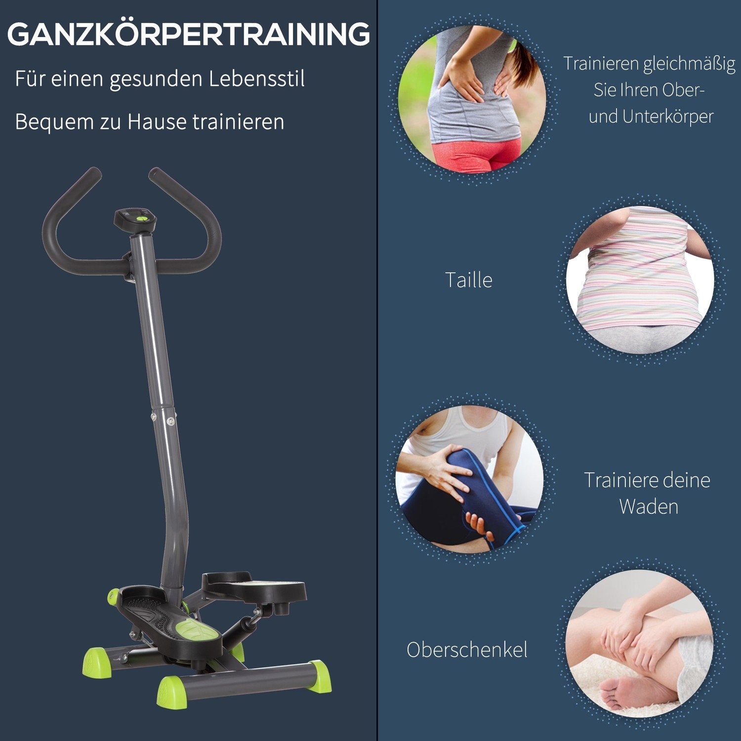 Hometrainer Stepper Fitness Swing Stepper Med Lcd-Skärm Och Handtag Upp Till 100 Kg Stål Abs Grå + Grön 55 X 44 X 108 Cm