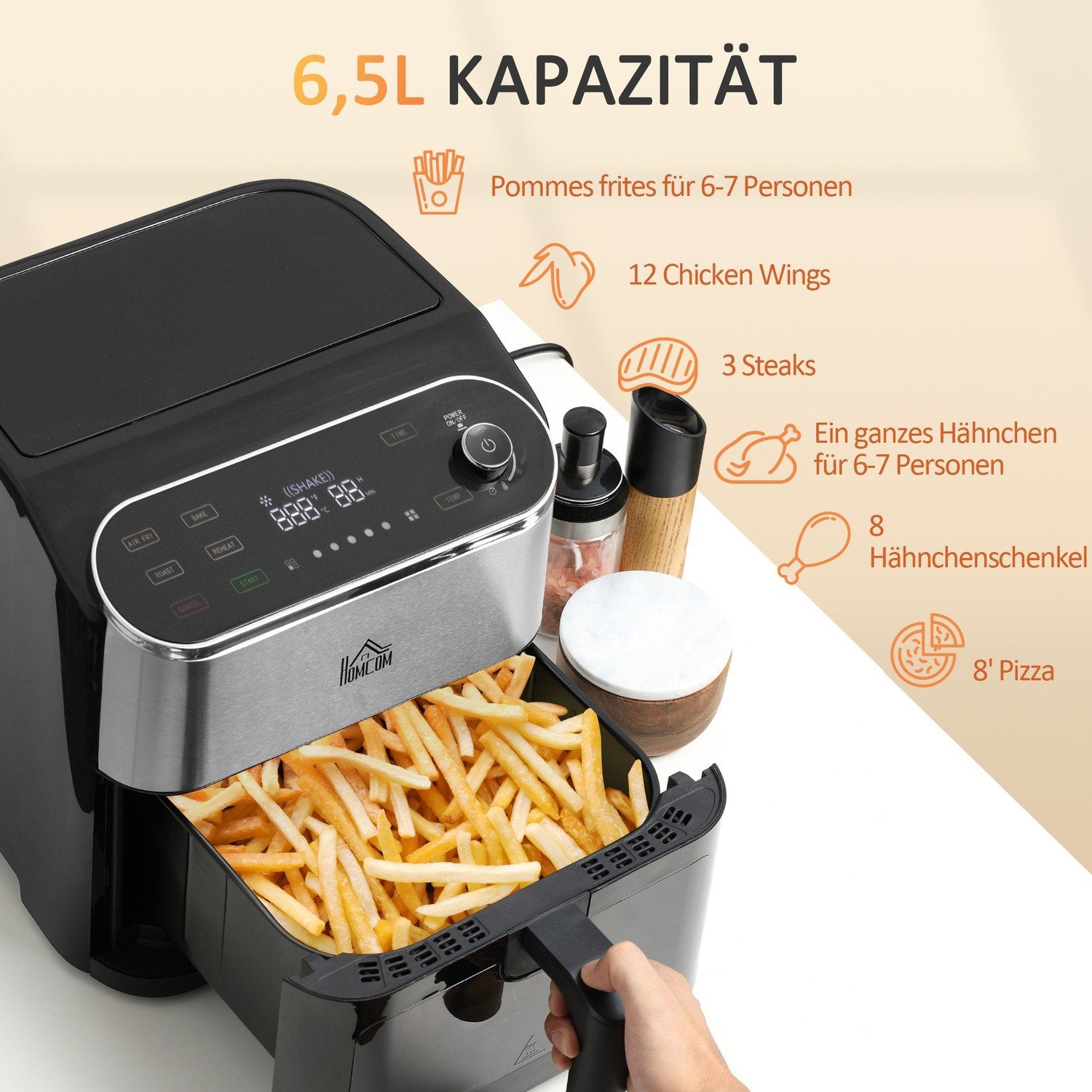 Varmluftsfritös Airfryer Med Pekskärm 6,5 L 1350 W 4 I 1 Designfritös Med Timer, Visningsfönster, Non-Stick-Korg Och Överhettningsskydd