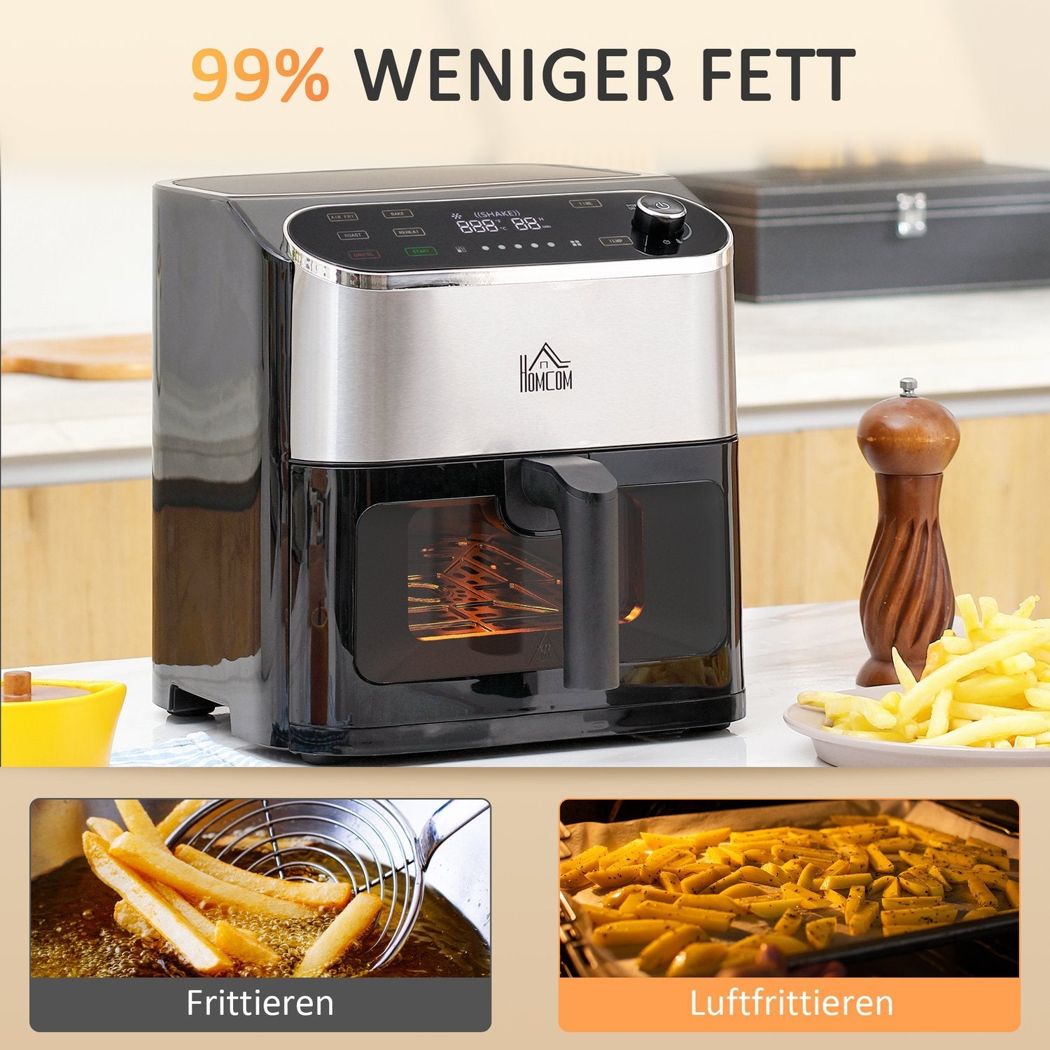 Varmluftsfritös Airfryer Med Pekskärm 6,5 L 1350 W 4 I 1 Designfritös Med Timer, Visningsfönster, Non-Stick-Korg Och Överhettningsskydd