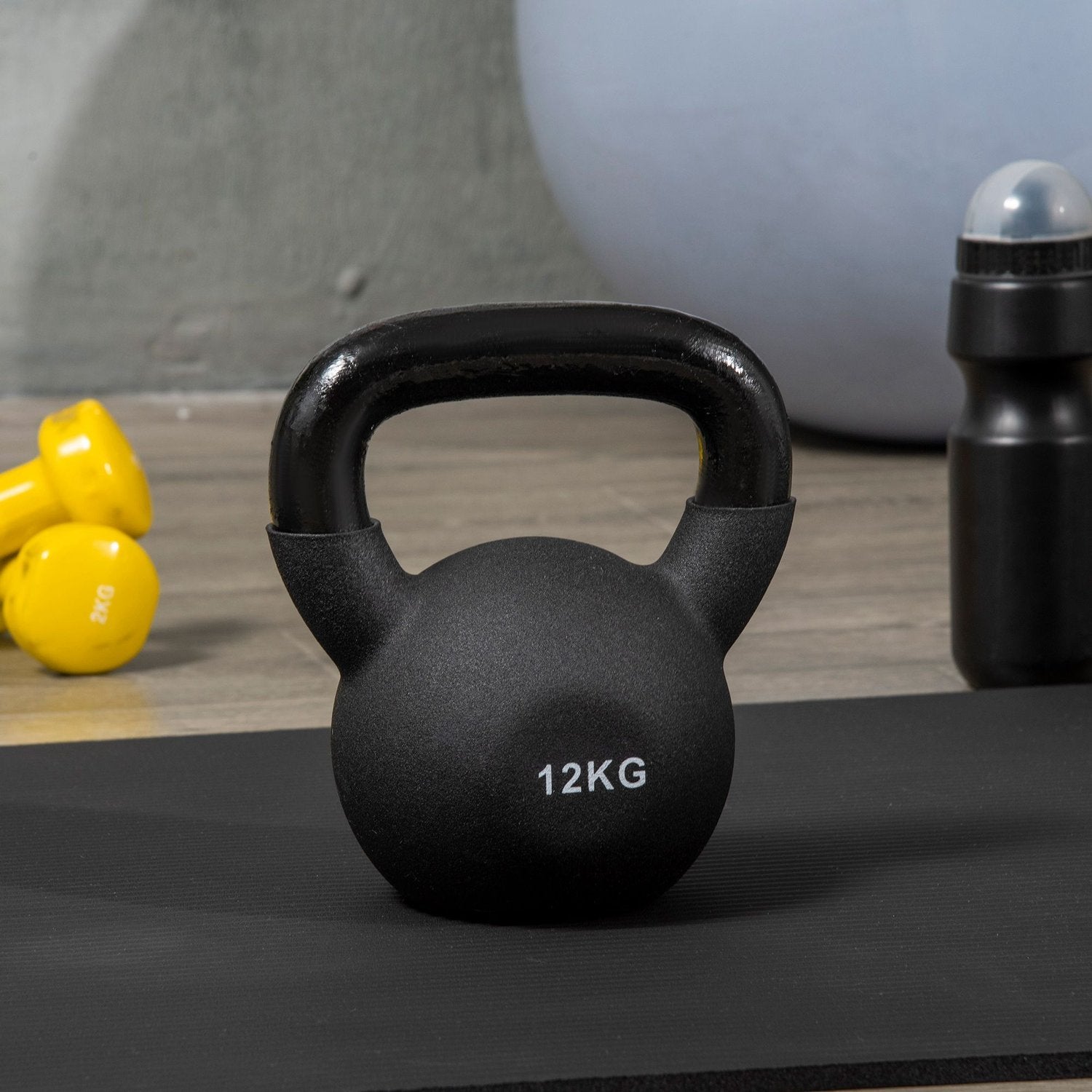 Kettlebell Gjutjärn Neoprenbeläggning Golvvänlig Svänghantel Svart 12 Kg