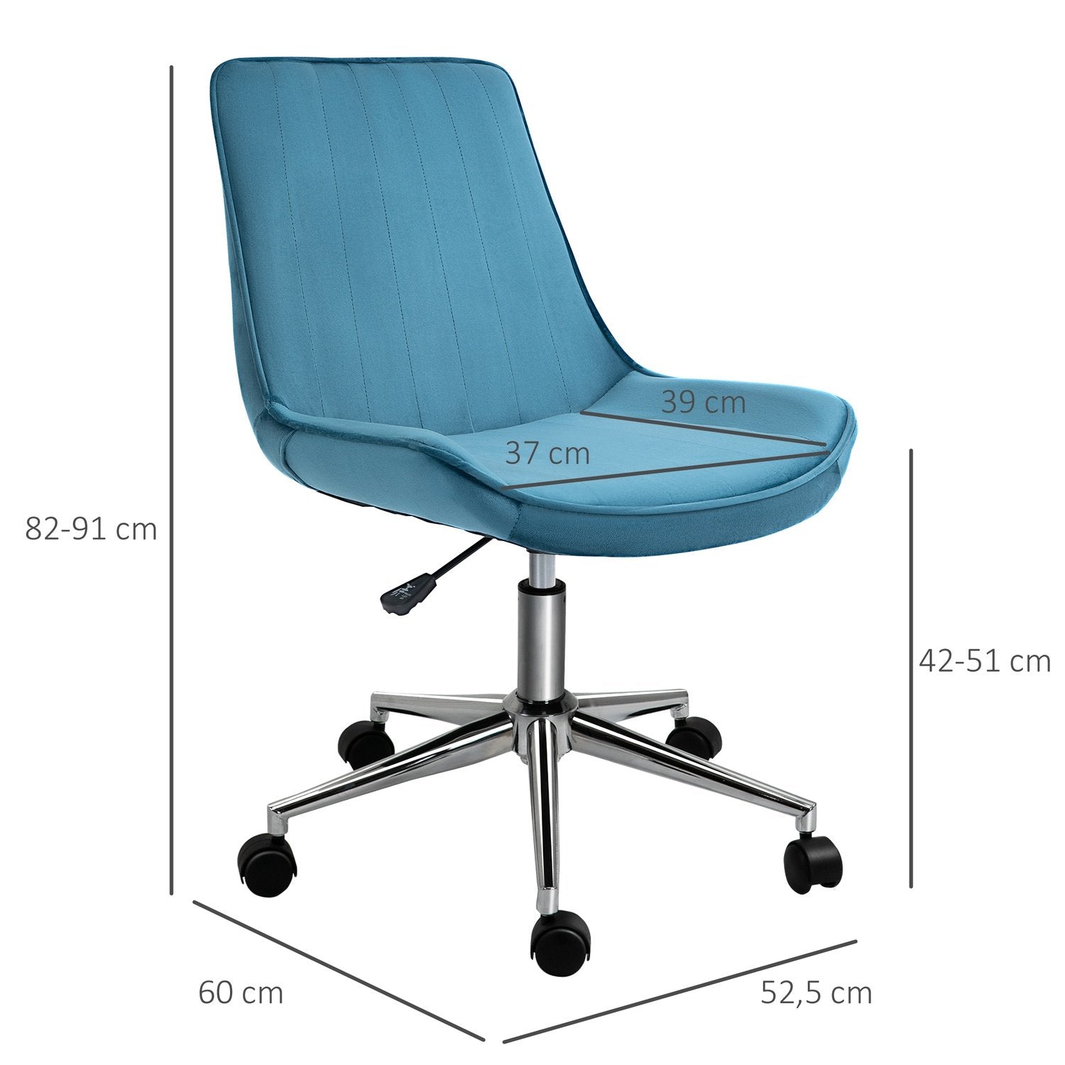 Kontorsstol Skrivbordsstol, Snurrstol, Höjdjusterbar, 360° Vridbar, Sammetstyg, Blå, 52,5X60X82-91Cm