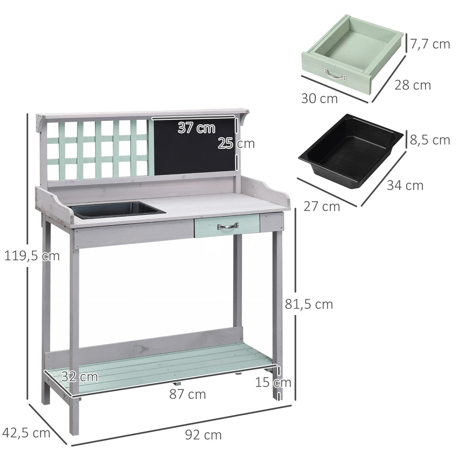 Växtbord Trädgårdsbord Trädgårdsbord Blombord Med Låda Och Bricka För Trädgården Gran Trä Mintgrön + Grå 92 X 42,5 X 119,5 Cm