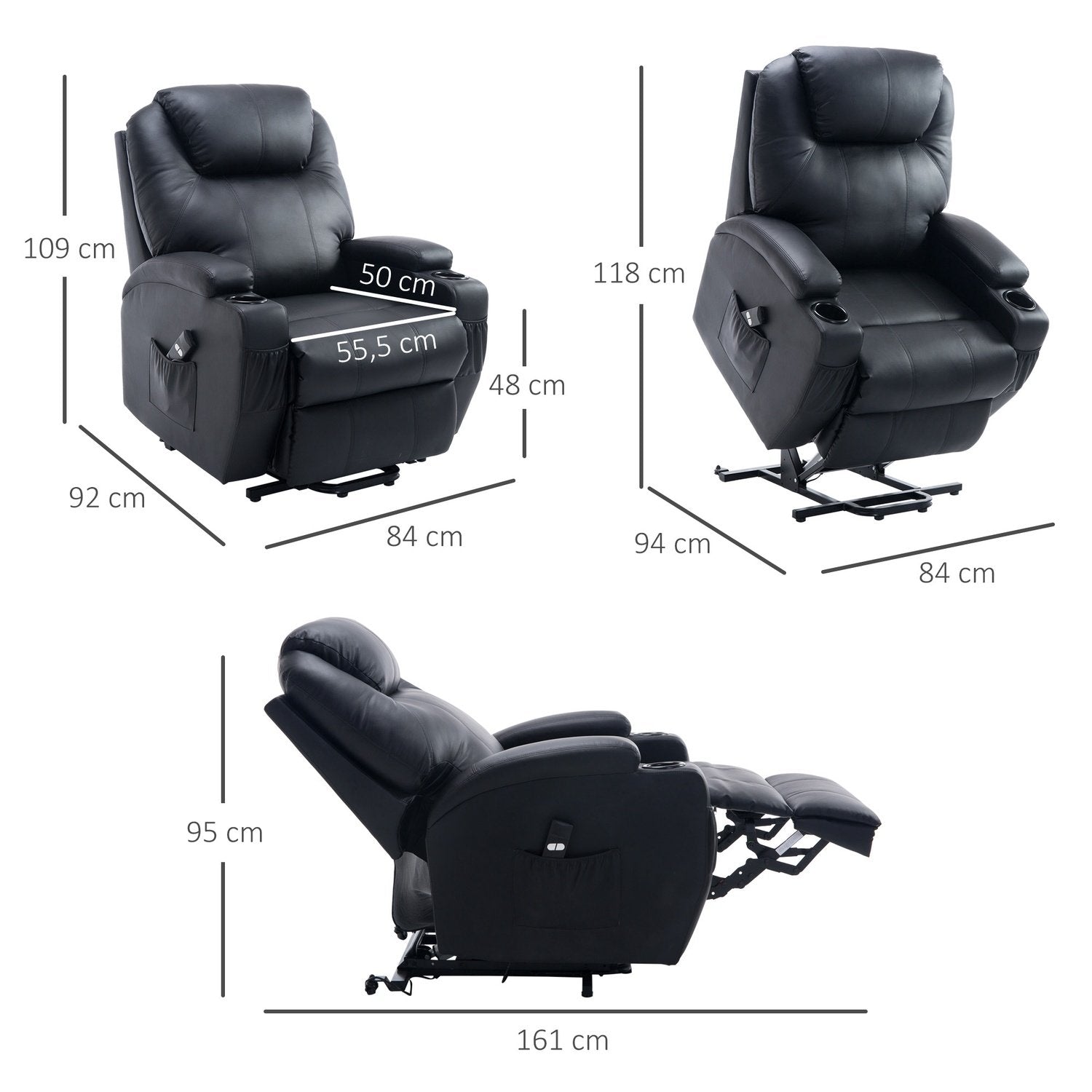 Vilstol Tv-Stol Med Ståhjälp Svart Konstläder Med Förvaringsväska Justerbar Vinkel Fjärrkontroll 84 X 92 X 109 Cm