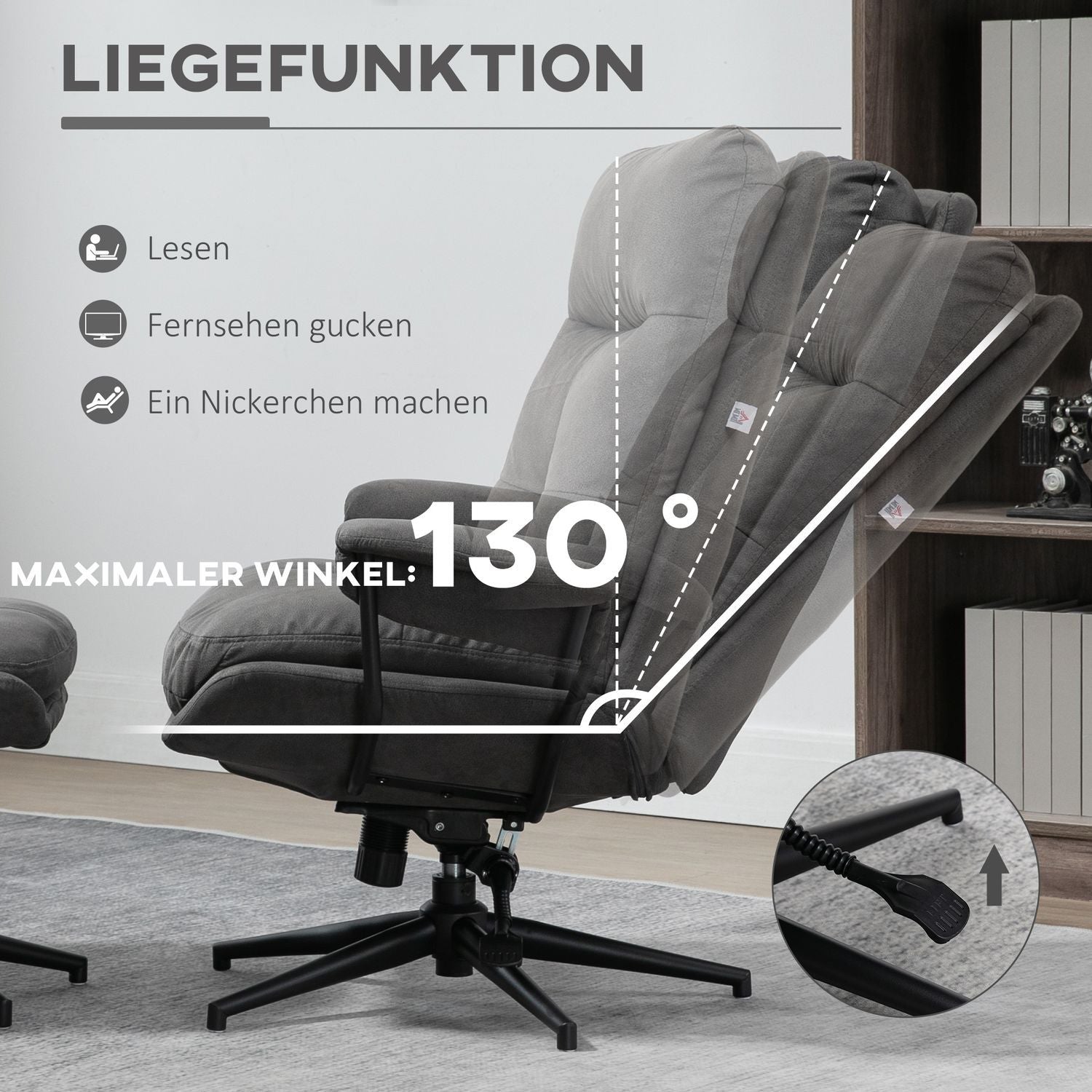 Relaxstol Med Pall, Tv-Stol Med Vridbar Bas, Tv-Stol Med Liggfunktion, Bärförmåga Upp Till 150 Kg, Polyester, Stål, Mörkgrå