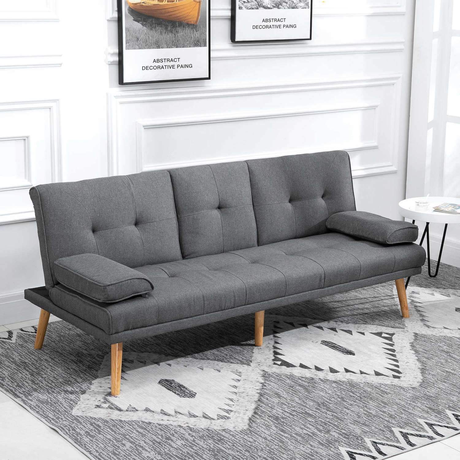 Bäddsoffa 3-Sits Bäddsoffa Med Fällbord, Mugghållare, Scandi Design, Mörkgrå, Upp Till 250 Kg