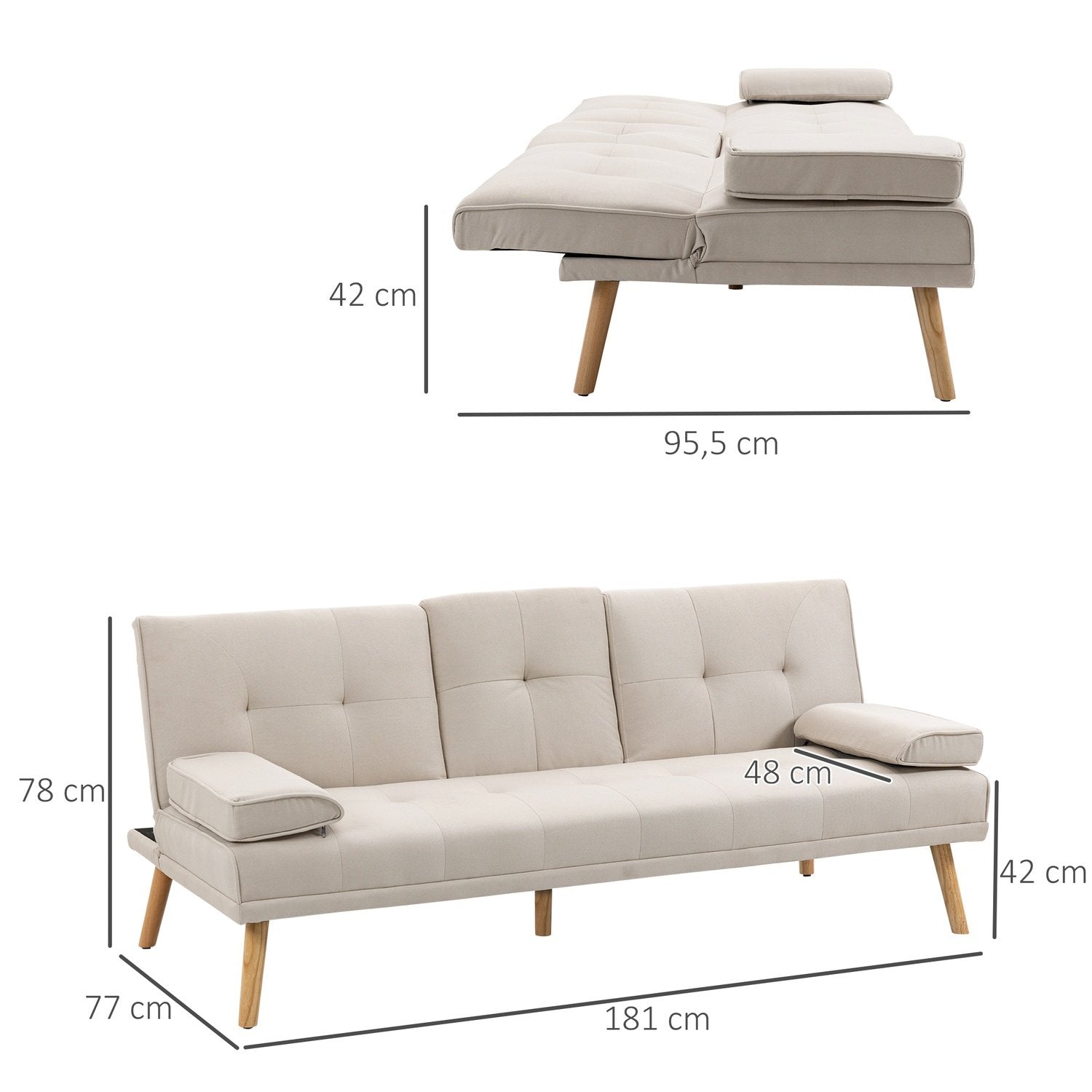 Bäddsoffa, 3-Sits Soffa, Bäddsoffa Med Hopfällbart Bord, Tygsoffa Med Linnelook, I Skandinavisk Design, Lastkapacitet Upp Till 250 Kg