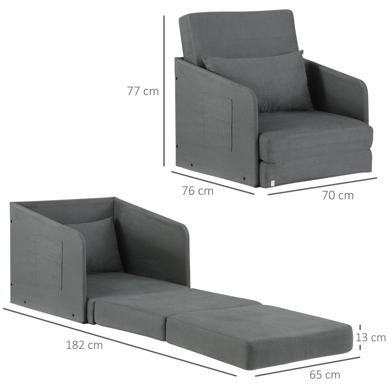 Bäddsoffa 70X76X77Cm Bäddsoffa, Enkelsoffa Med Tvättbart Överdrag, 2 Sidfickor, Kuddar, Metall, Grå