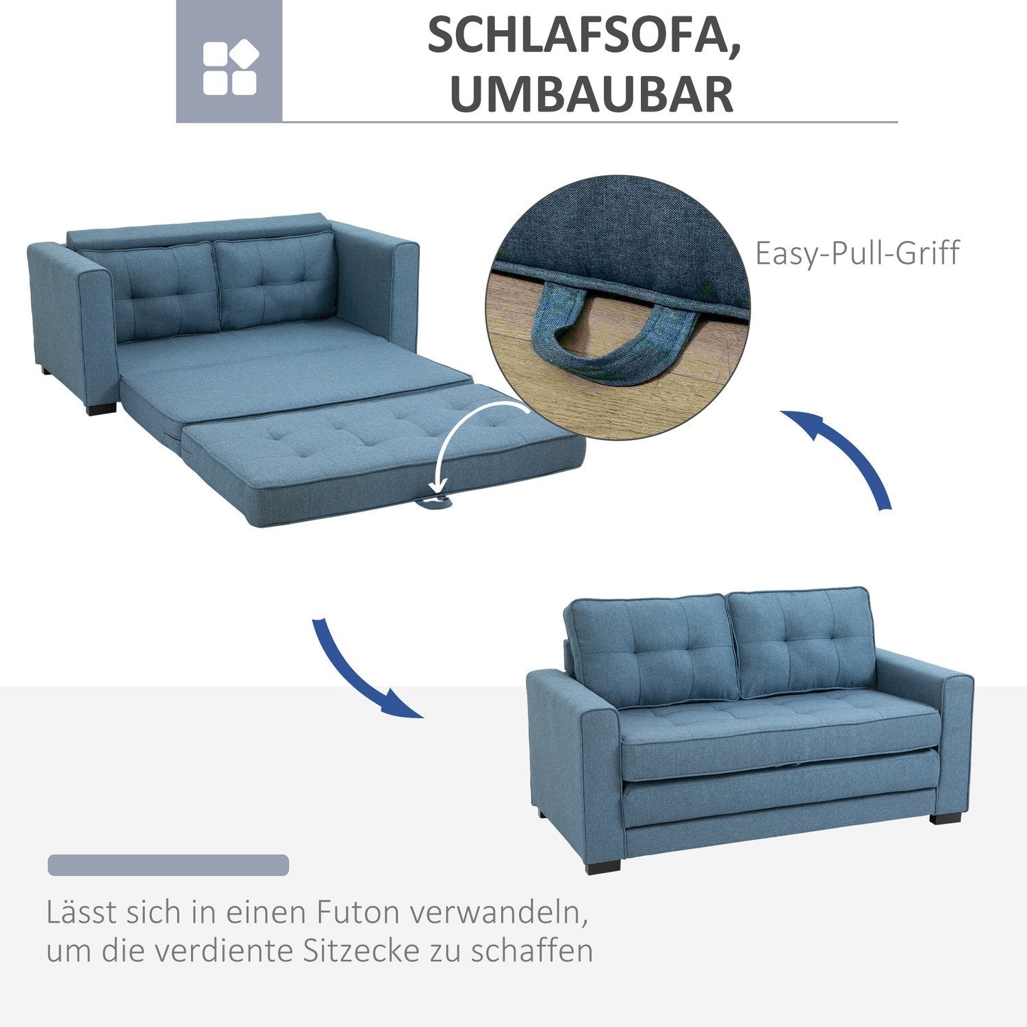 Bäddsoffa Hopfällbar Soffa 2-Sits Bäddsoffa I Tyg Med Sovfunktion Soffset Linne Touch Gummi Träblå 147,5 X 75 X 85 Cm