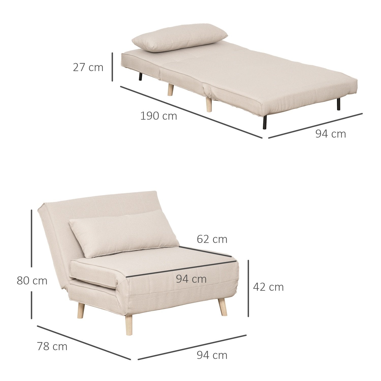 Bäddsoffa, Enkelsoffa, Bäddsoffa, Hopfällbar Soffa Med Justerbart Ryggstöd, Nordic, Linneimitation