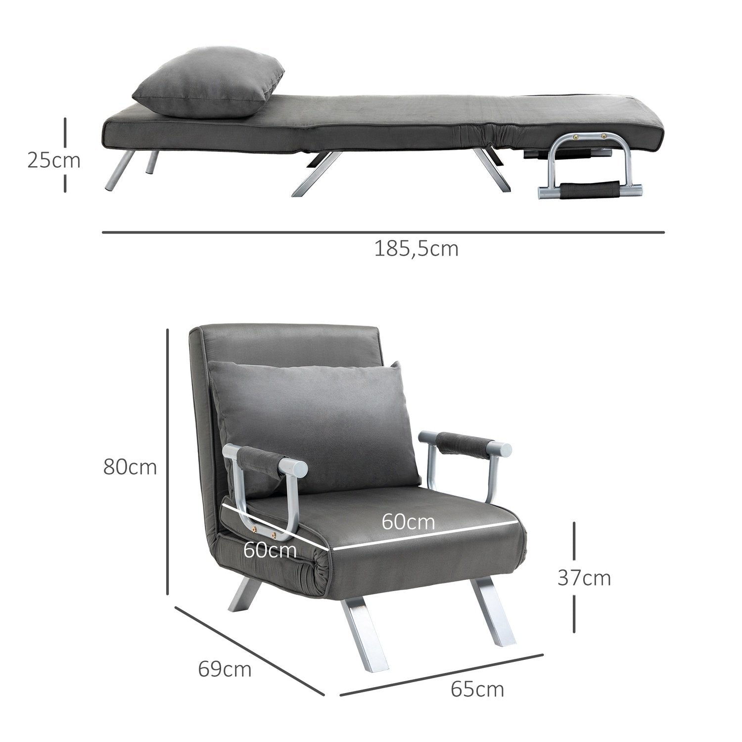 Bäddsoffa Med Armstöd 65X69X80Cm 3-I-1 Bäddsoffa, Gästsäng, Hopfällbar Madrass, Schäslong, Konstläder, Grå