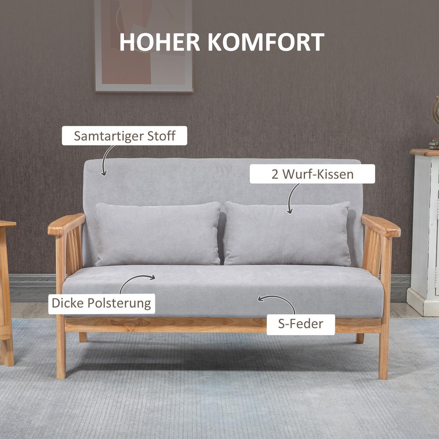 Tvåsitssoffa, Dubbelsoffa Med Armstöd, Loveseat Med Sammetslook, Kudde, Stoppad Soffa, Bärförmåga Upp Till 200 Kg, Grå, 130 X 75 X 78 Cm