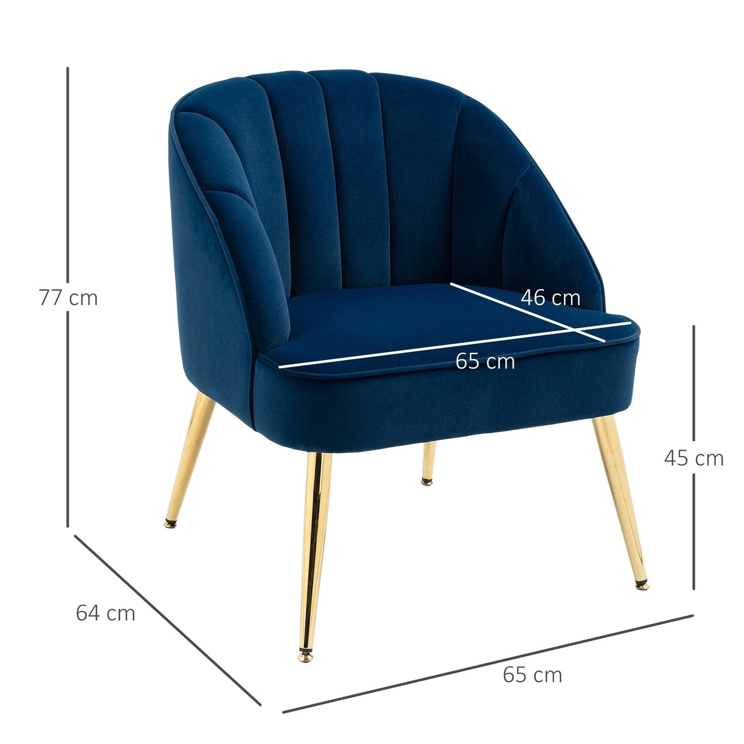 Vingstol, Fåtölj, Stoppad Stol Med Sammetslook, Relaxstol, Fåtölj Med Stålben, Sminkstol, Mörkblå, 65 X 64 X 77 Cm