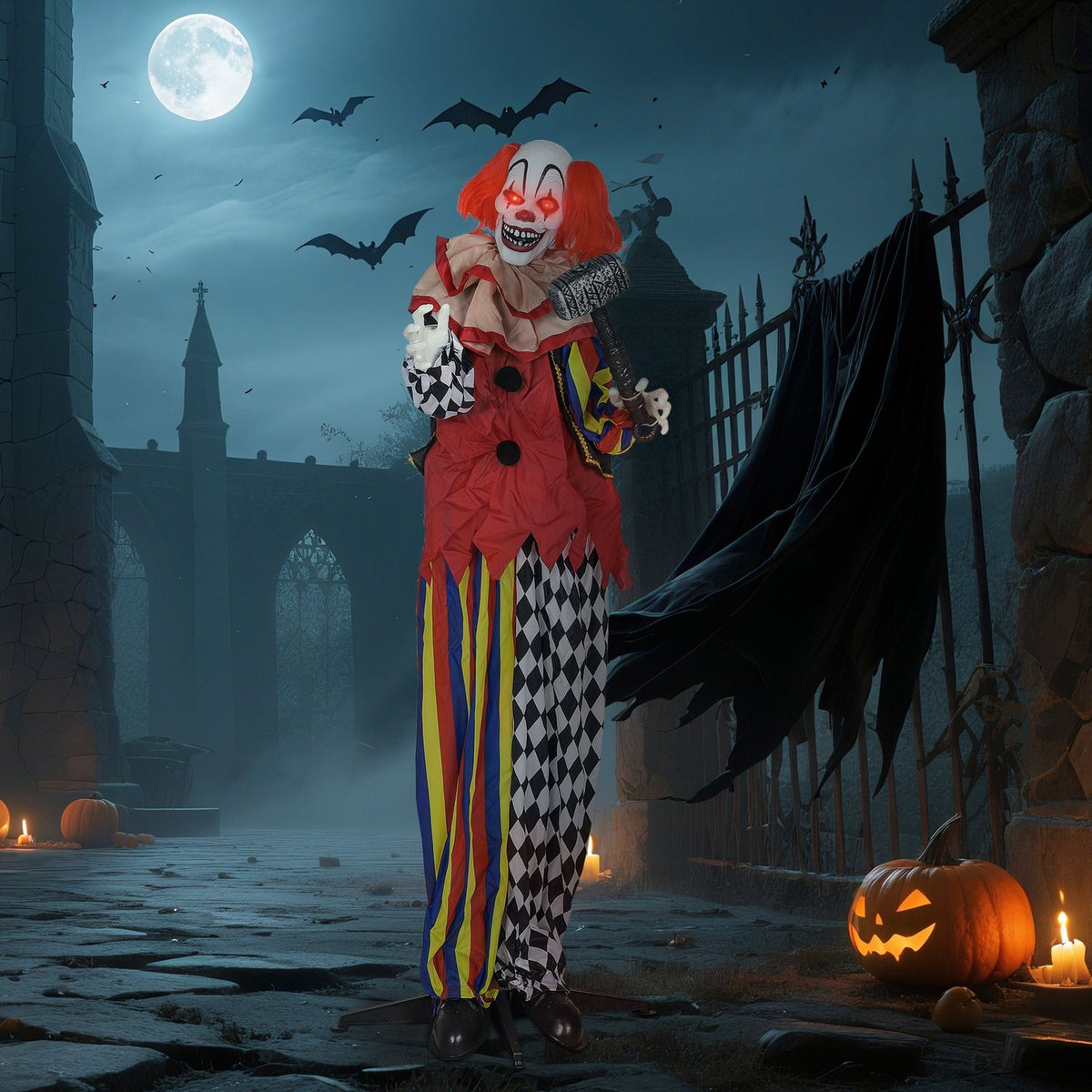 Animatronický halloweenský klaun, 173 cm, svítící oči