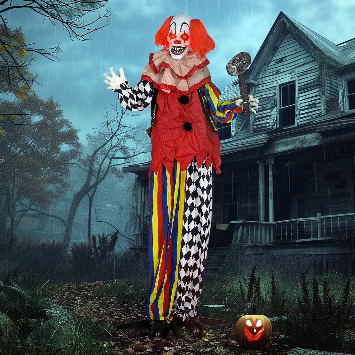 Animatronický halloweenský klaun, 173 cm, svítící oči