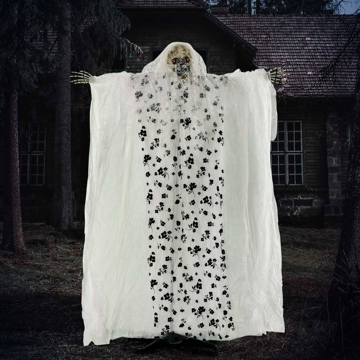 Závěsná halloweenská kostra nevěsty-ducha, 175 cm, svítící oči