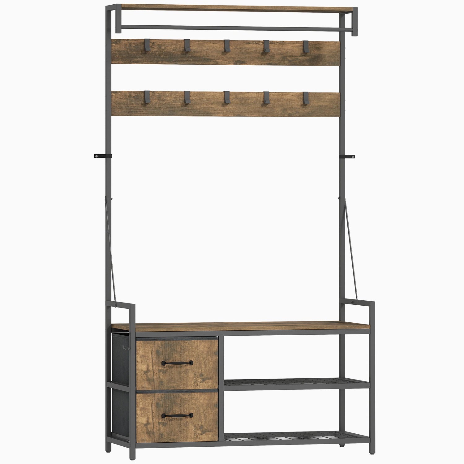Hallträd med bänk, skohylla, 10 krokar, 2 tyglådor