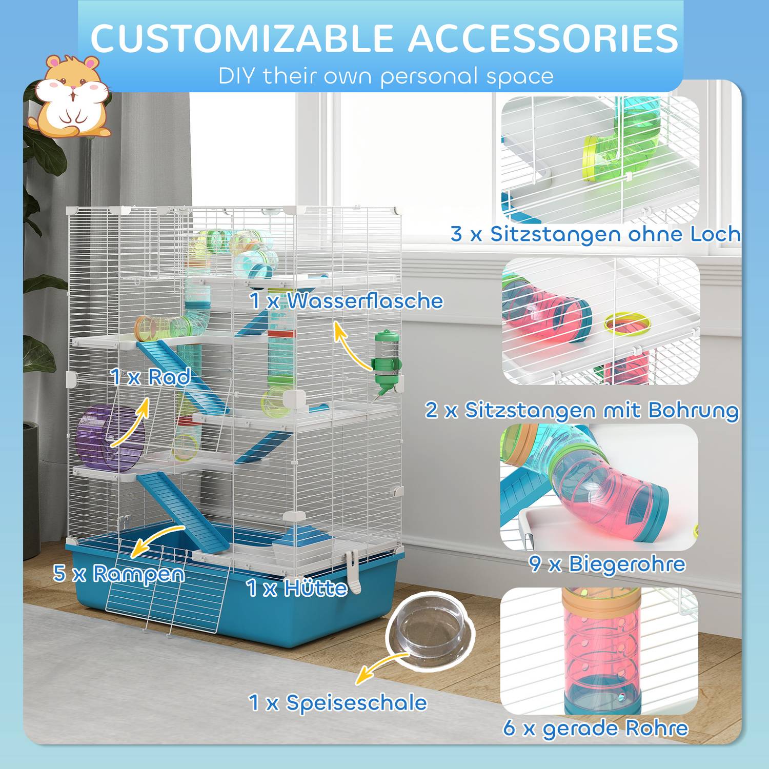 6-vånings hamsterbur med tunnlar och tillbehör, 58x36x81 cm