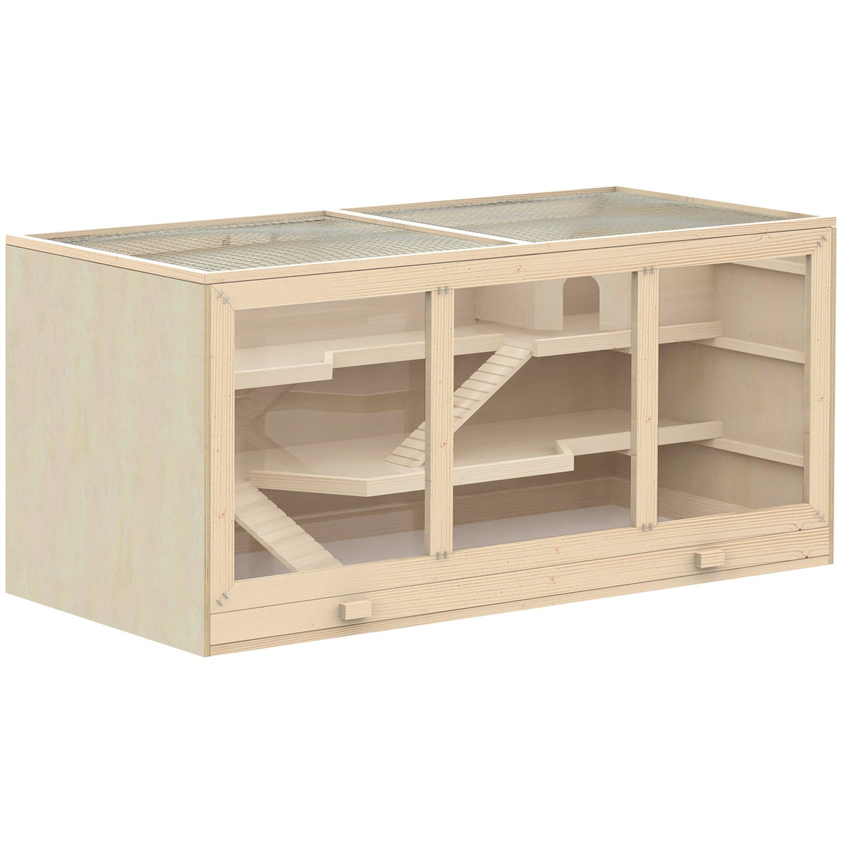 Hamsterkooi met trappen, naturel hout, 3 verdiepingen, 115x57x55cm
