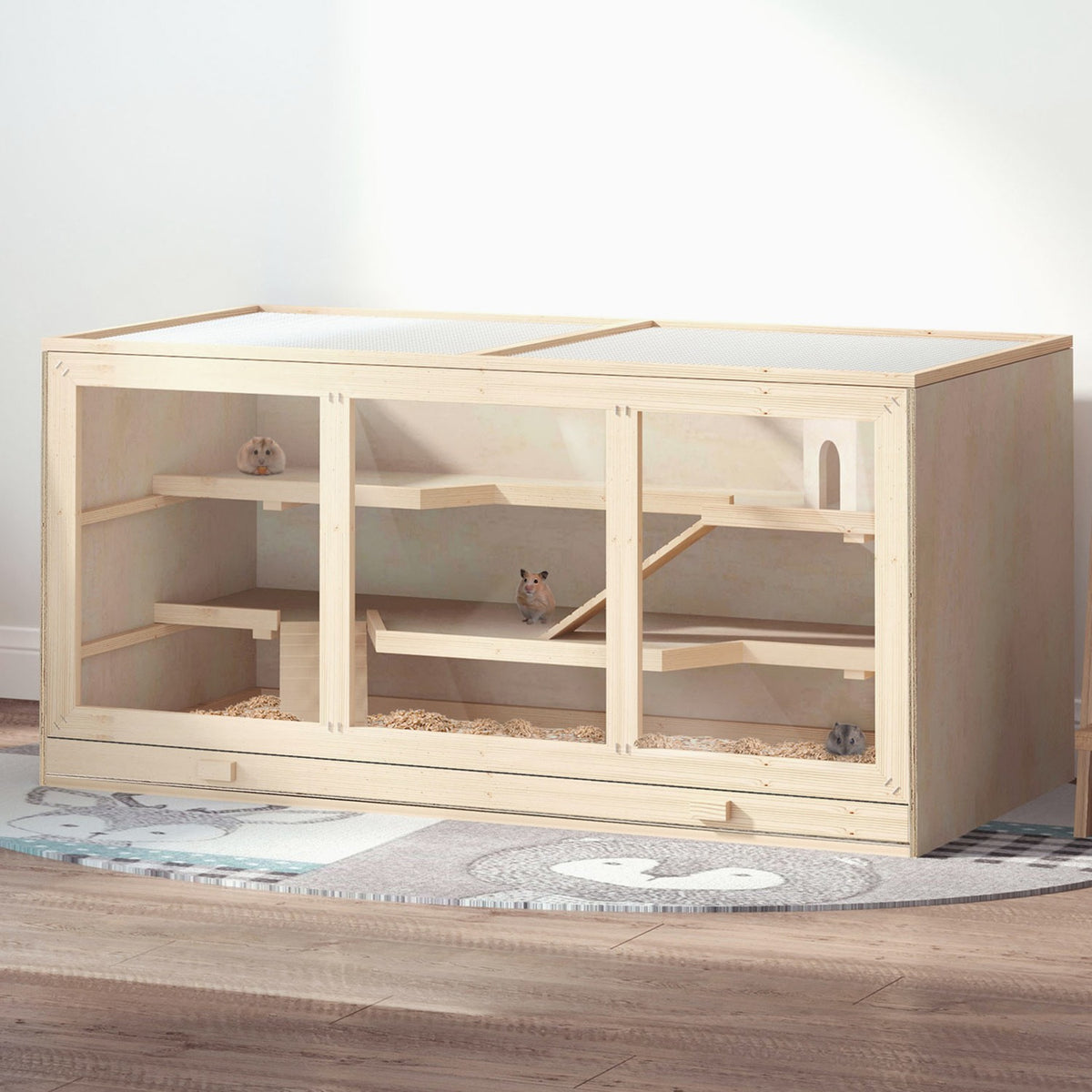 Hamsterbur med trappor, naturligt trä, 3-vånings, 115x57x55cm
