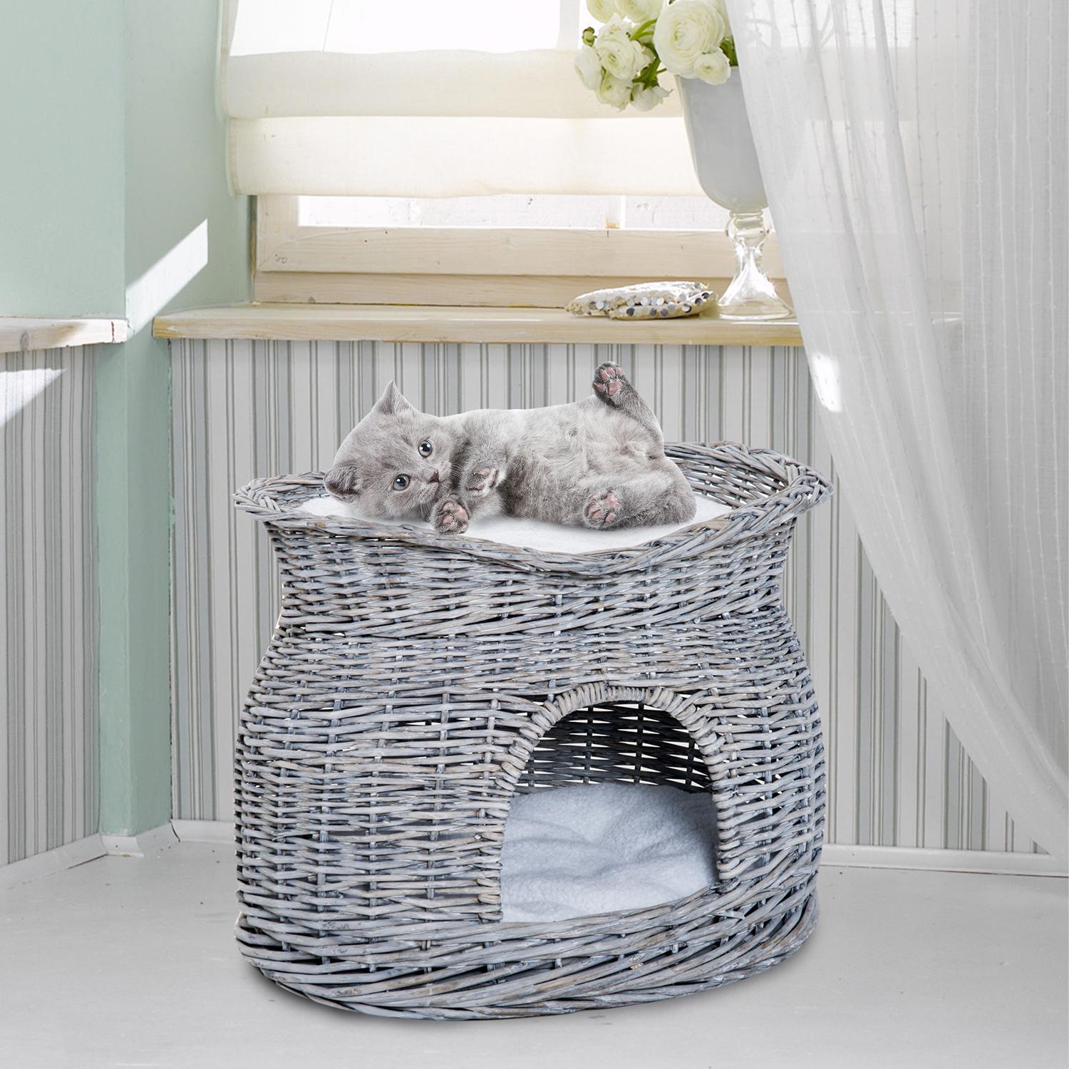 Rattan Cat Basket Elegant Cat Hut Med Kudde Och Baldakin Djursäng Gjord Av Vattenhyacintgrå För Vardagsrum