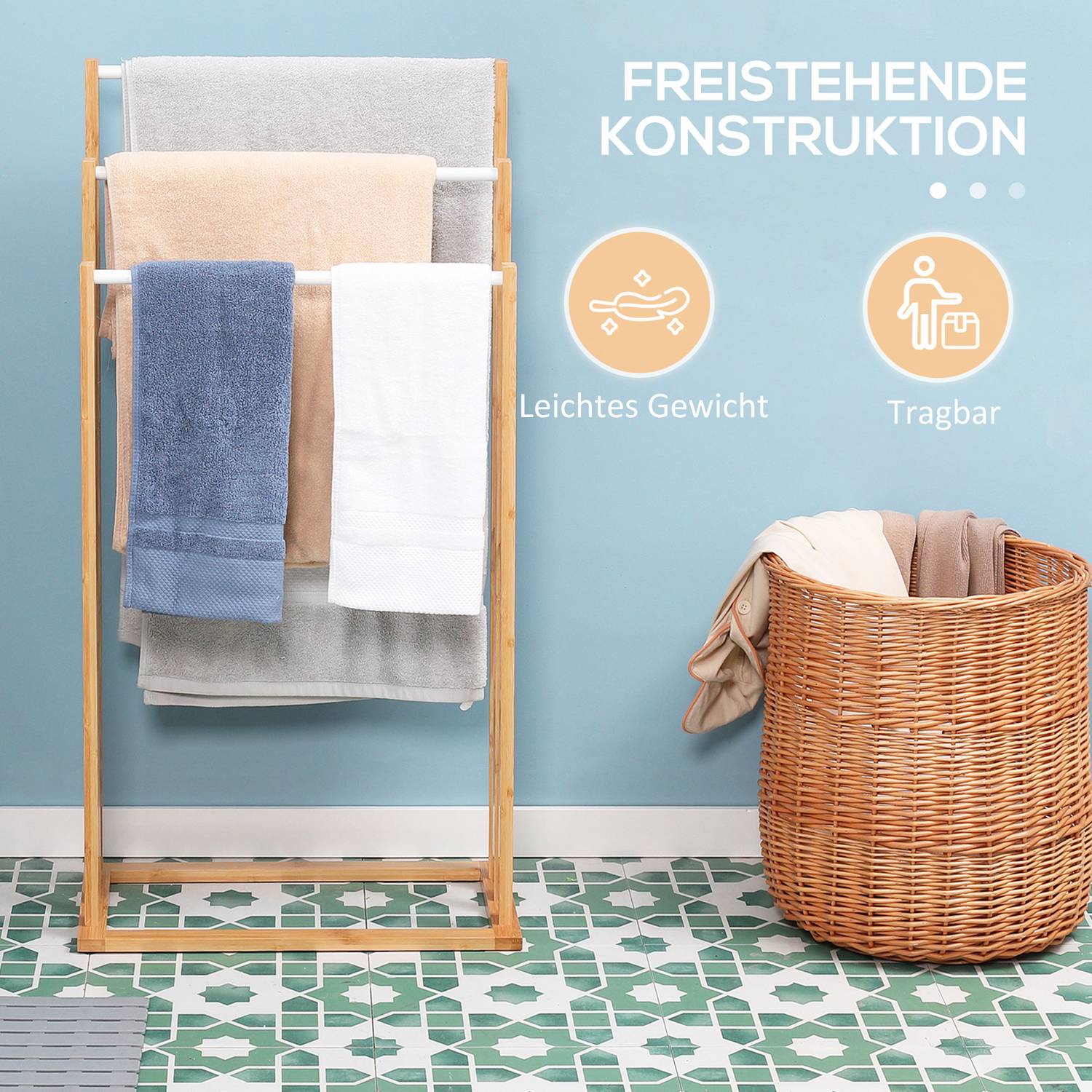 Fristående handduksställ i bambu med 3 stänger – naturlig finish