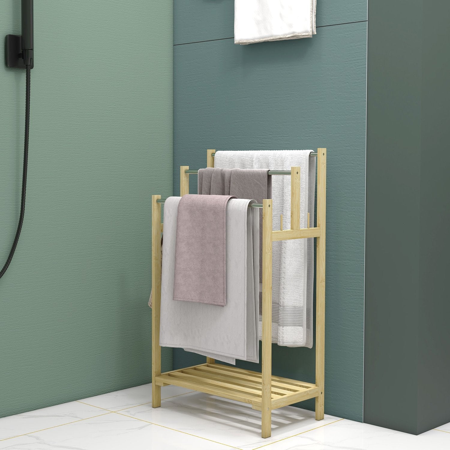 Fristående handduksställ i bambu med 3 skenor, 4 krokar