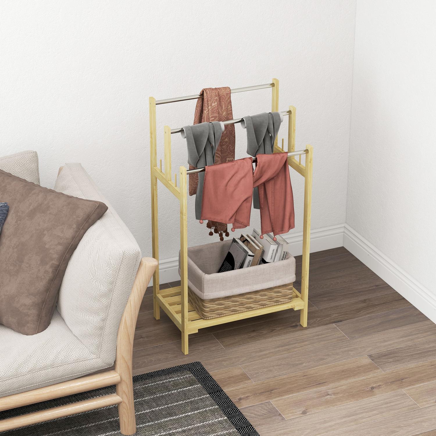 Fristående handduksställ i bambu med 3 skenor, 4 krokar