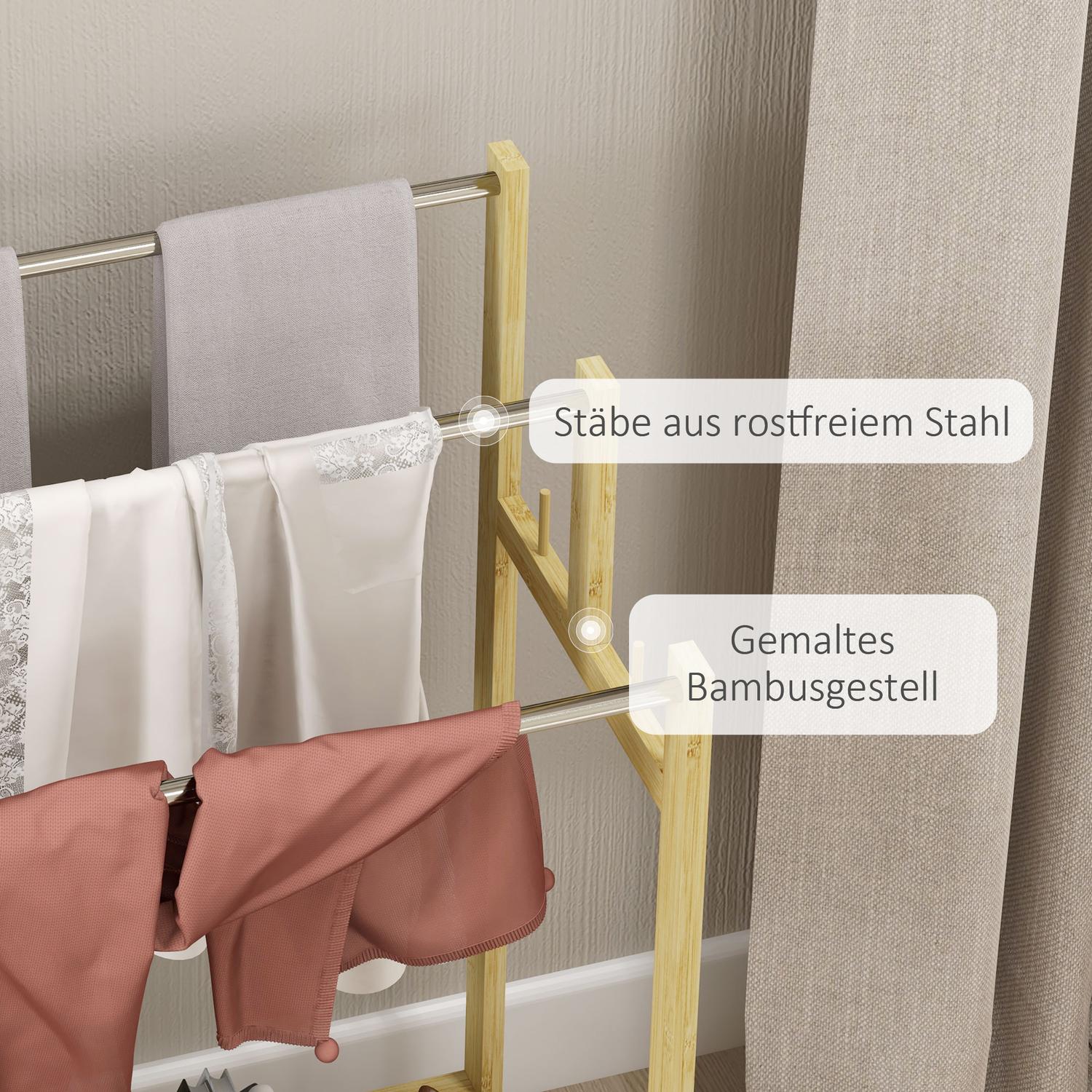 Fristående handduksställ i bambu med 3 skenor, 4 krokar