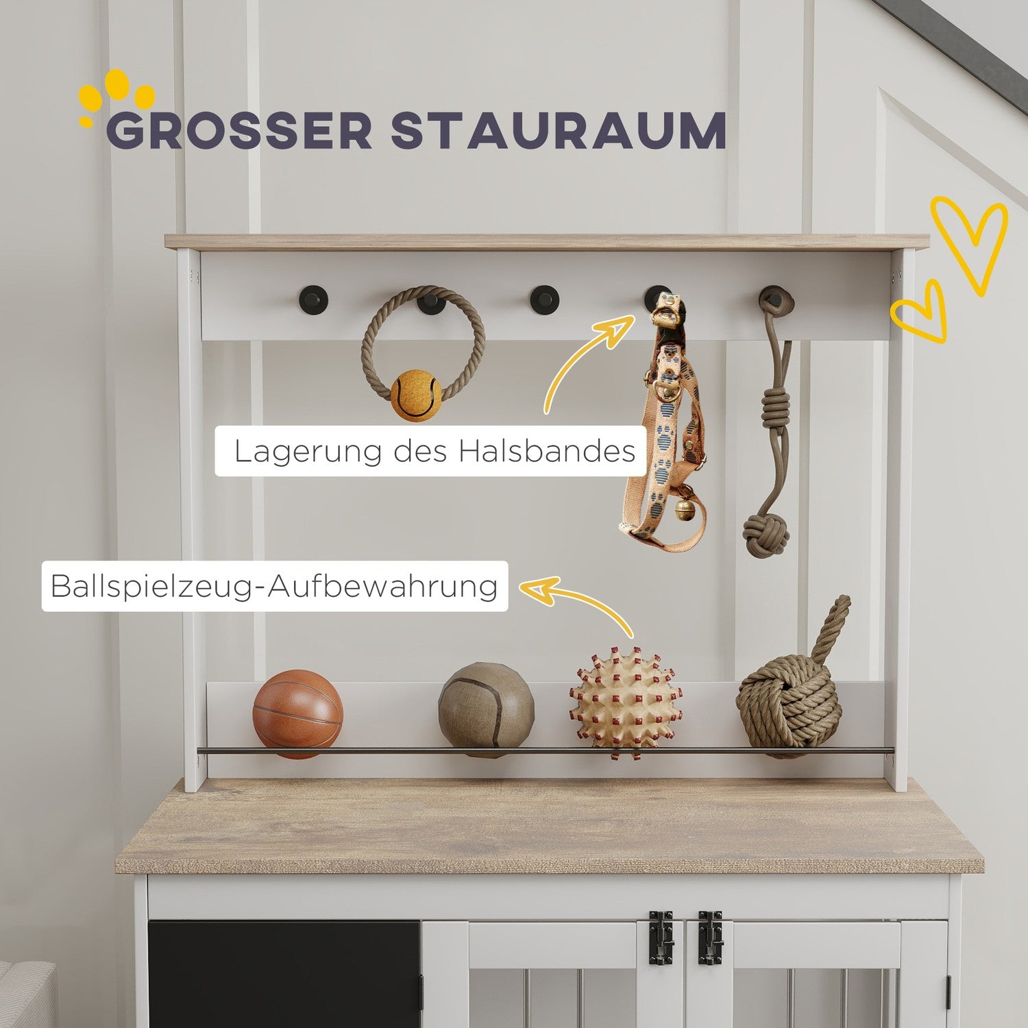 Stor vit hundlåda med leksaksförvaring och krokar