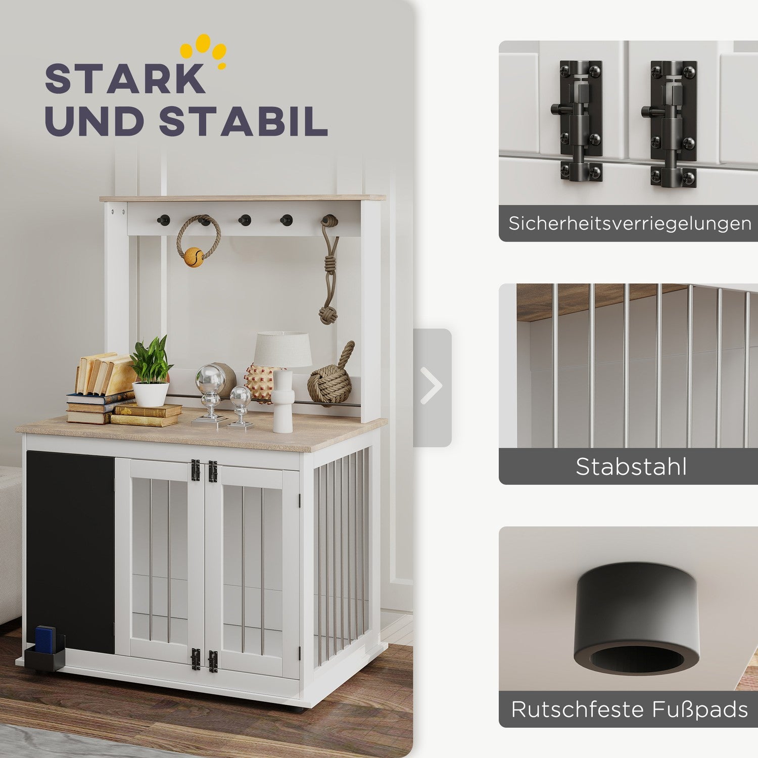 Stor vit hundlåda med leksaksförvaring och krokar