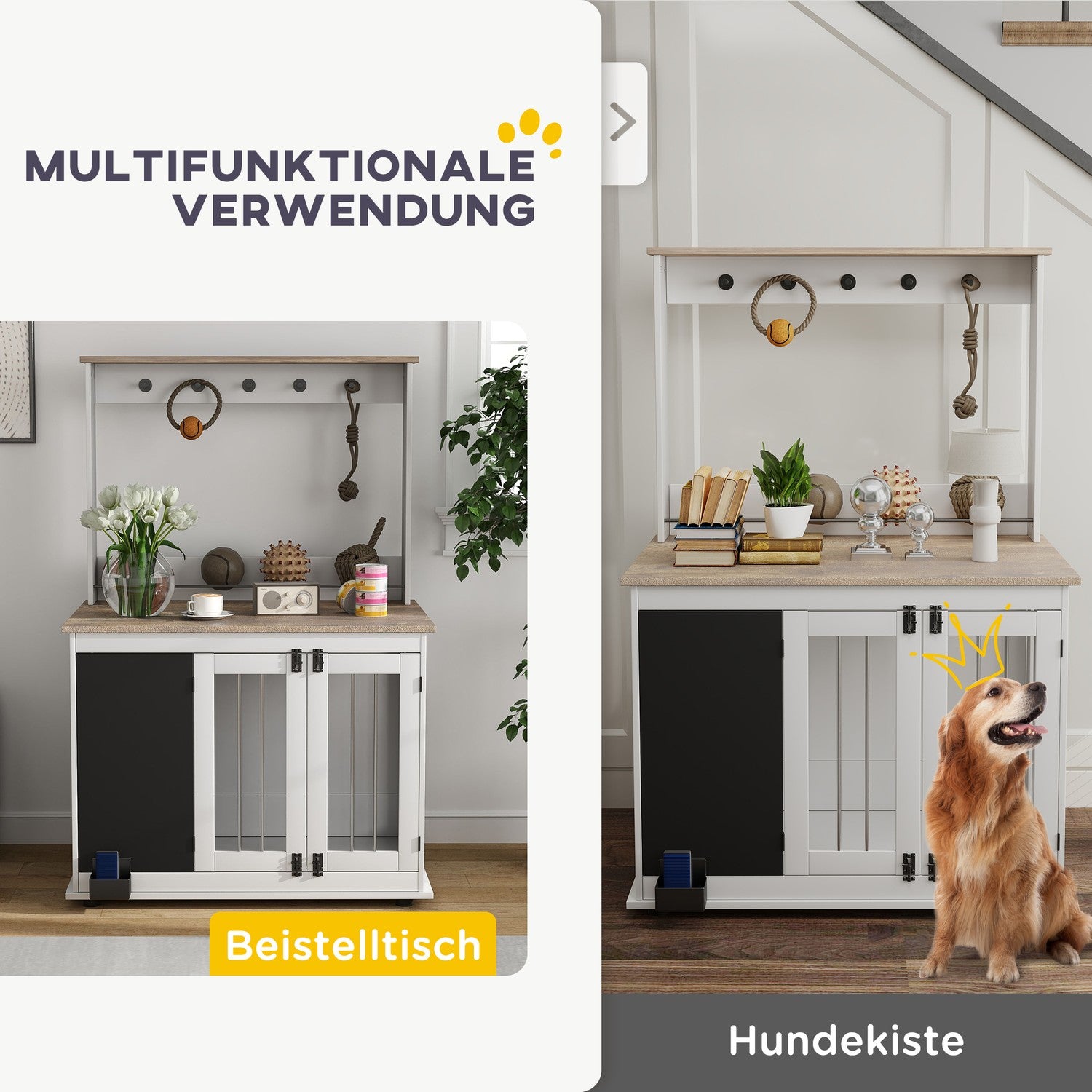 Stor vit hundlåda med leksaksförvaring och krokar