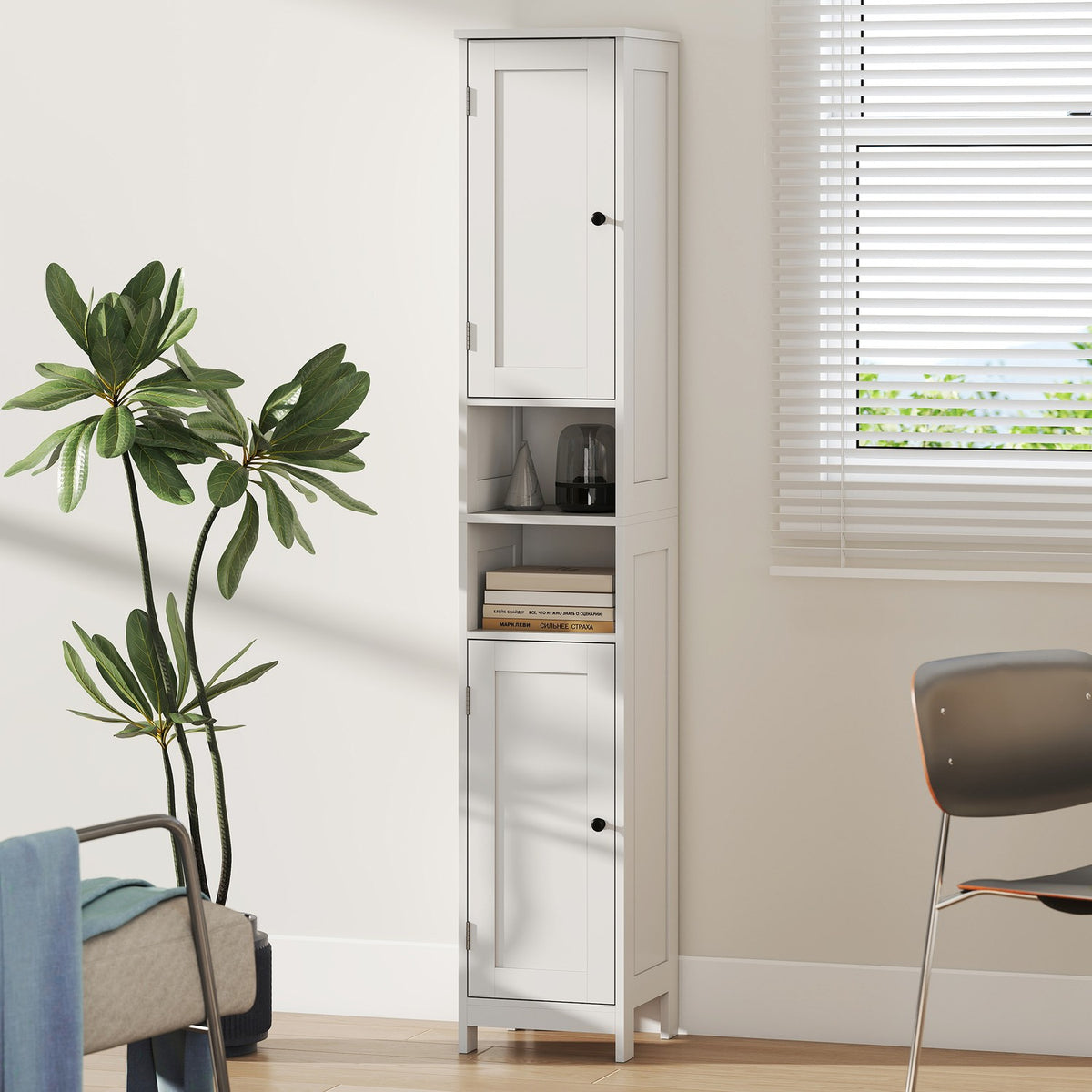 Hoge badkamerkast met deuren, open planken, wit, 170 cm
