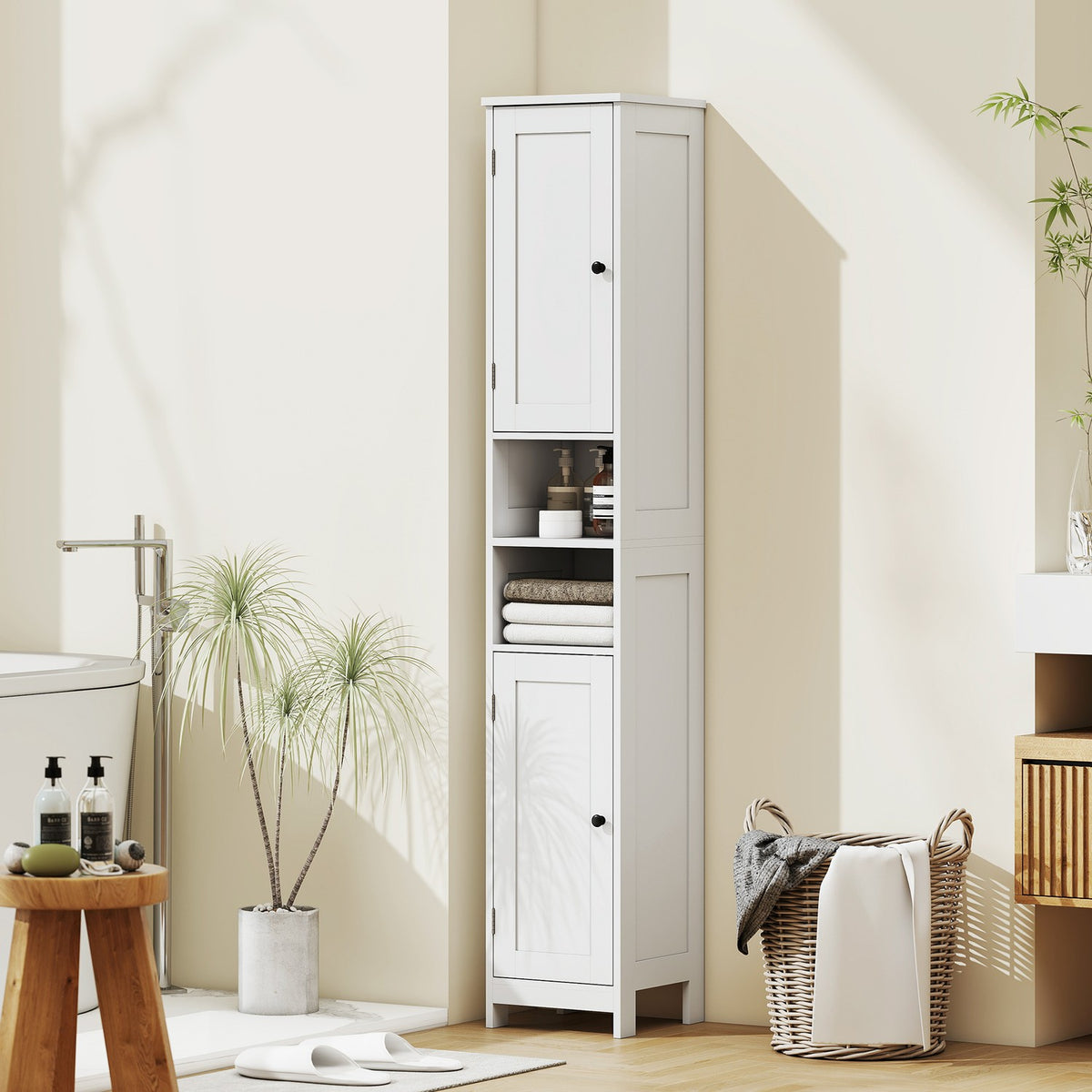 Hoge badkamerkast met deuren, open planken, wit, 170 cm