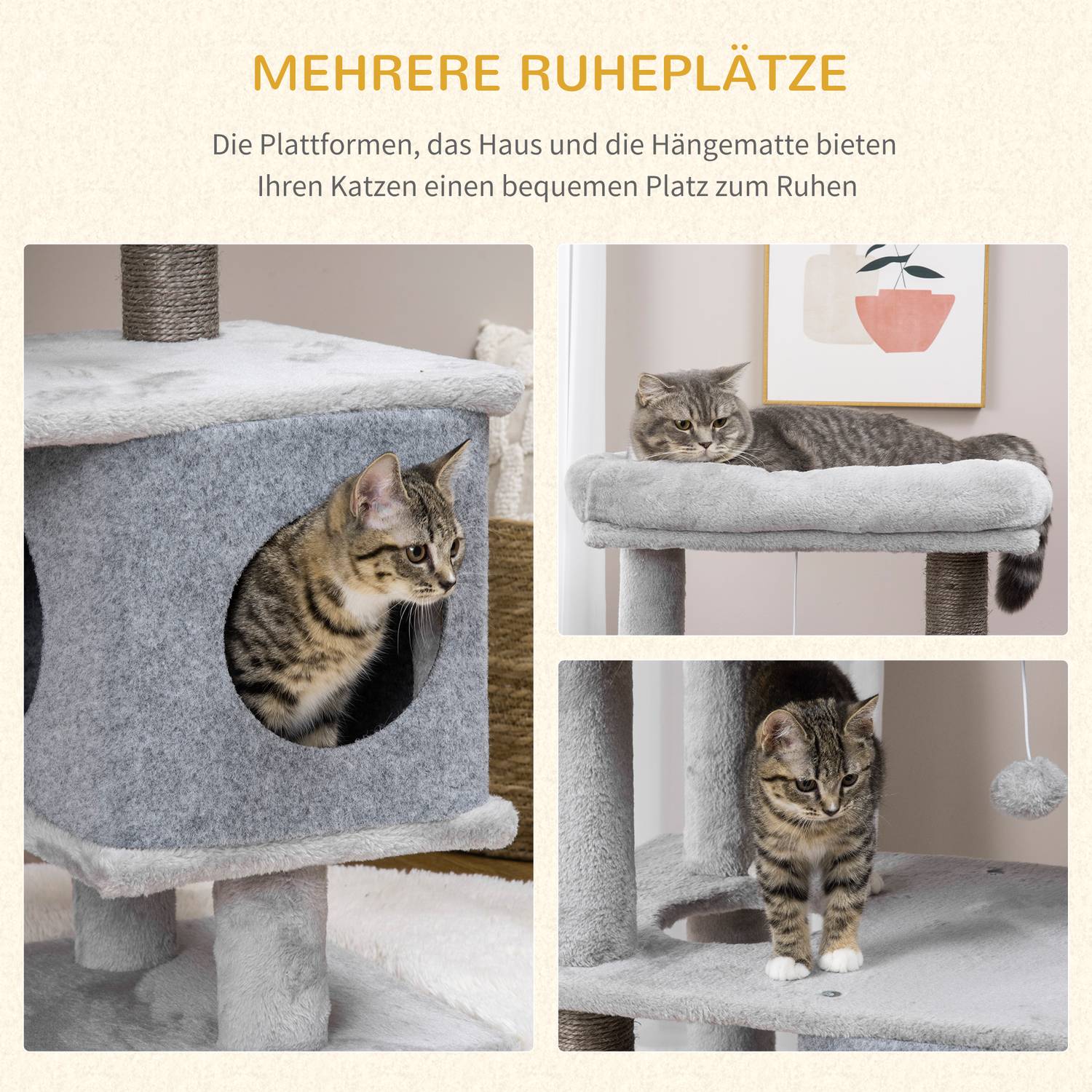 Högt kattträd med grottor och plattformar, sisalstolpar, grå