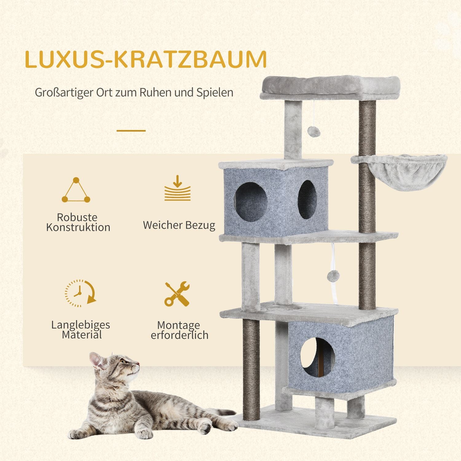 Högt kattträd med grottor och plattformar, sisalstolpar, grå