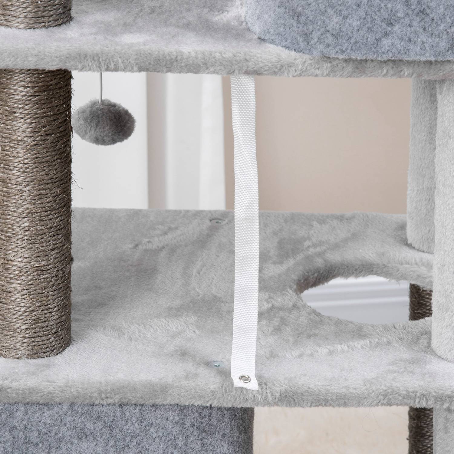 Högt kattträd med grottor och plattformar, sisalstolpar, grå